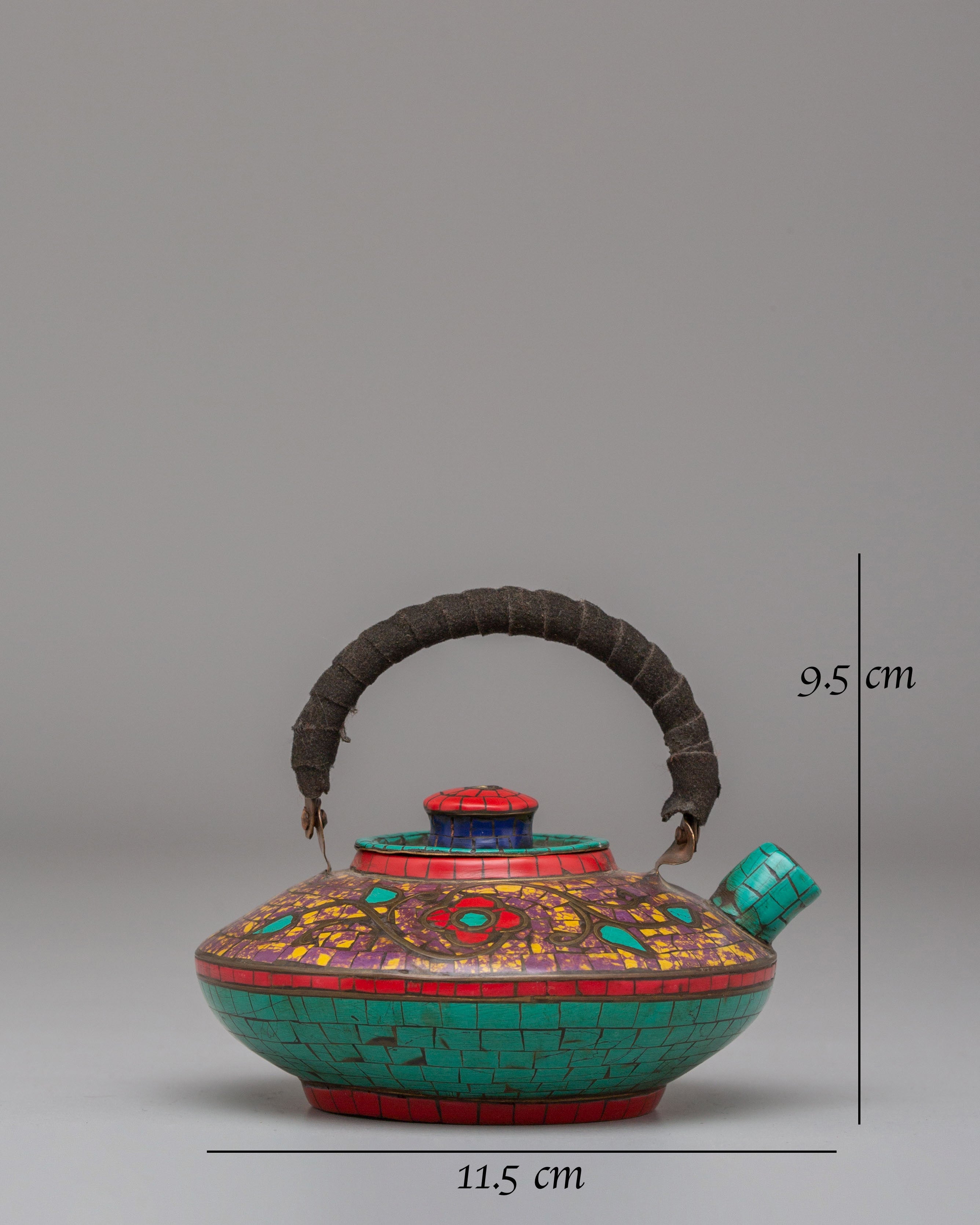Handmade Buddhist Tea Pot | Copper with Coral, Lapis & Turquoise Stones