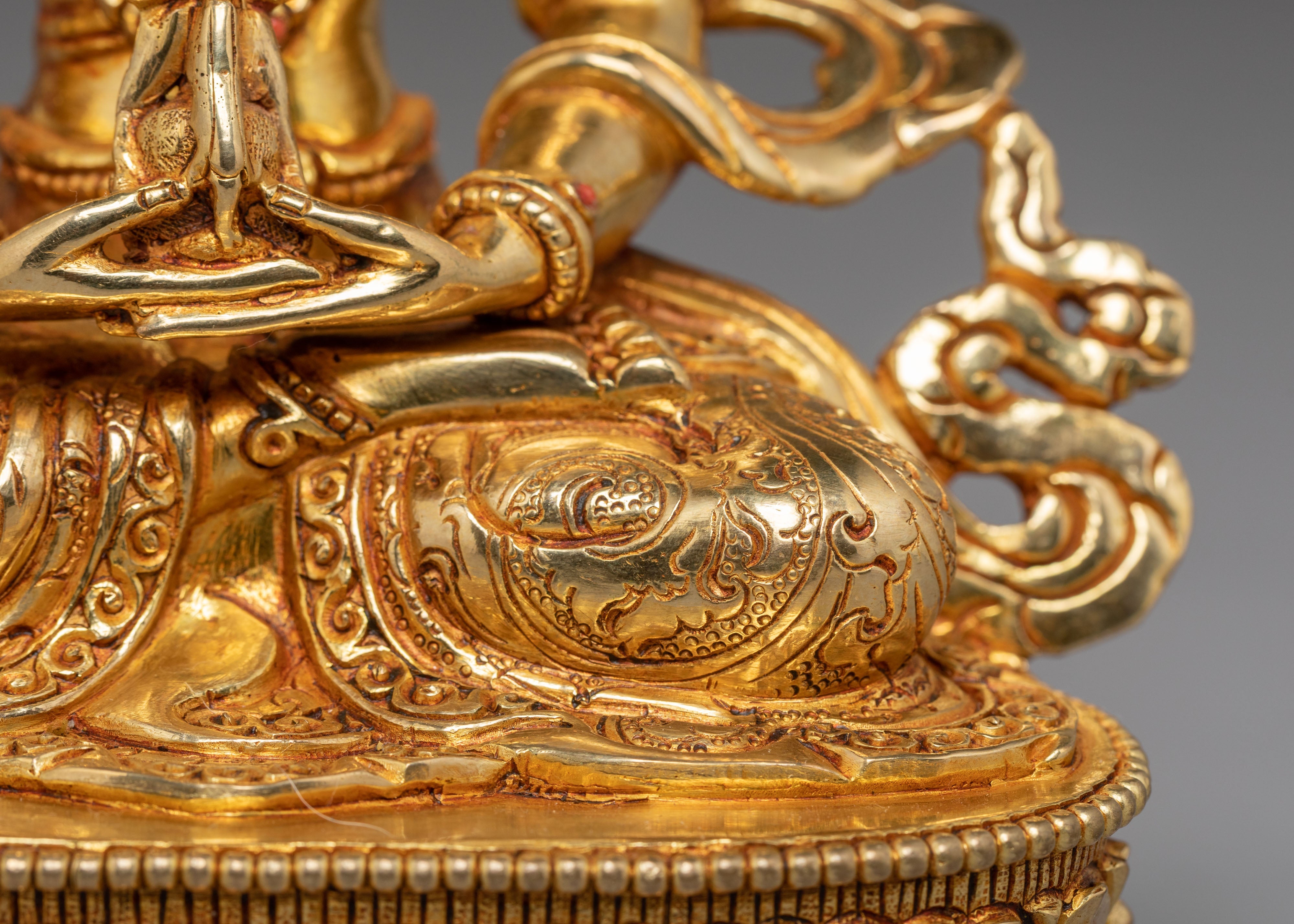 Sacred Amitayus Buddha Statue | Gold Plated Sculpture with Coral & Turquoise