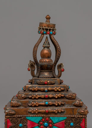 Authentic Buddhist Stupa in Oxidized Copper | Sacred Sculpture for Peace and Harmony
