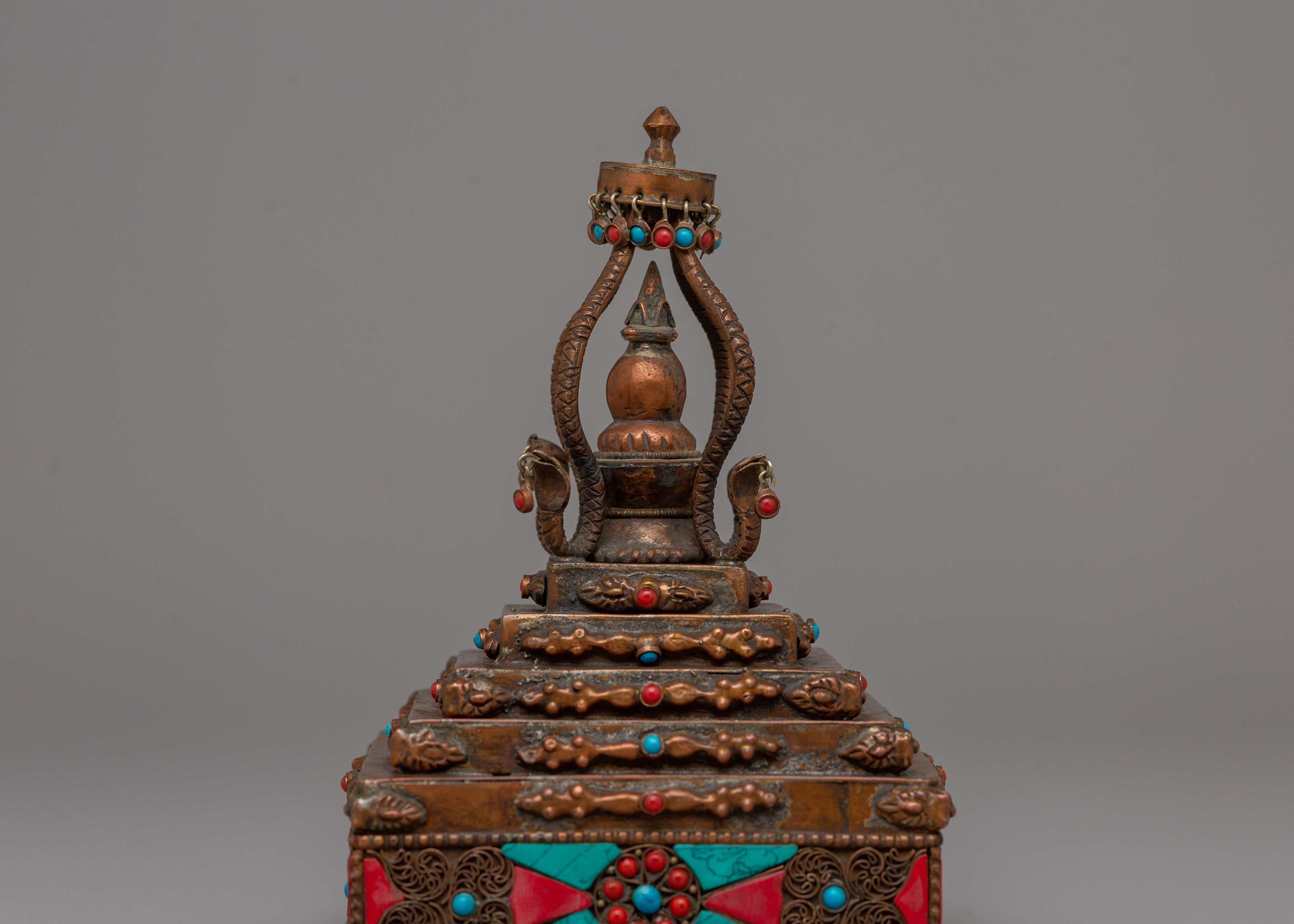 Authentic Buddhist Stupa in Oxidized Copper | Sacred Sculpture for Peace and Harmony