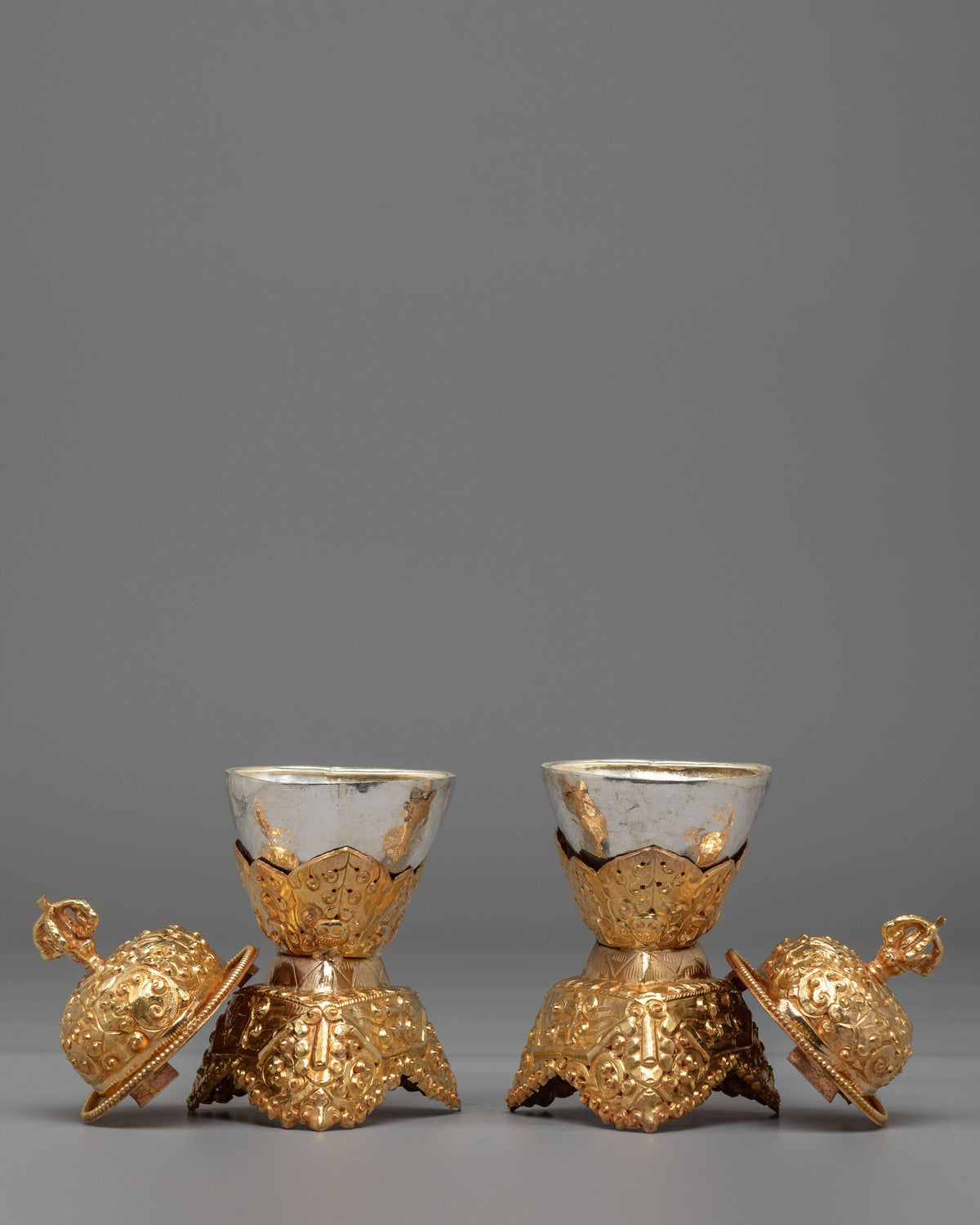 Traditional Ritual Kapala Set | Gold Gilded and Silver Coated Vessels