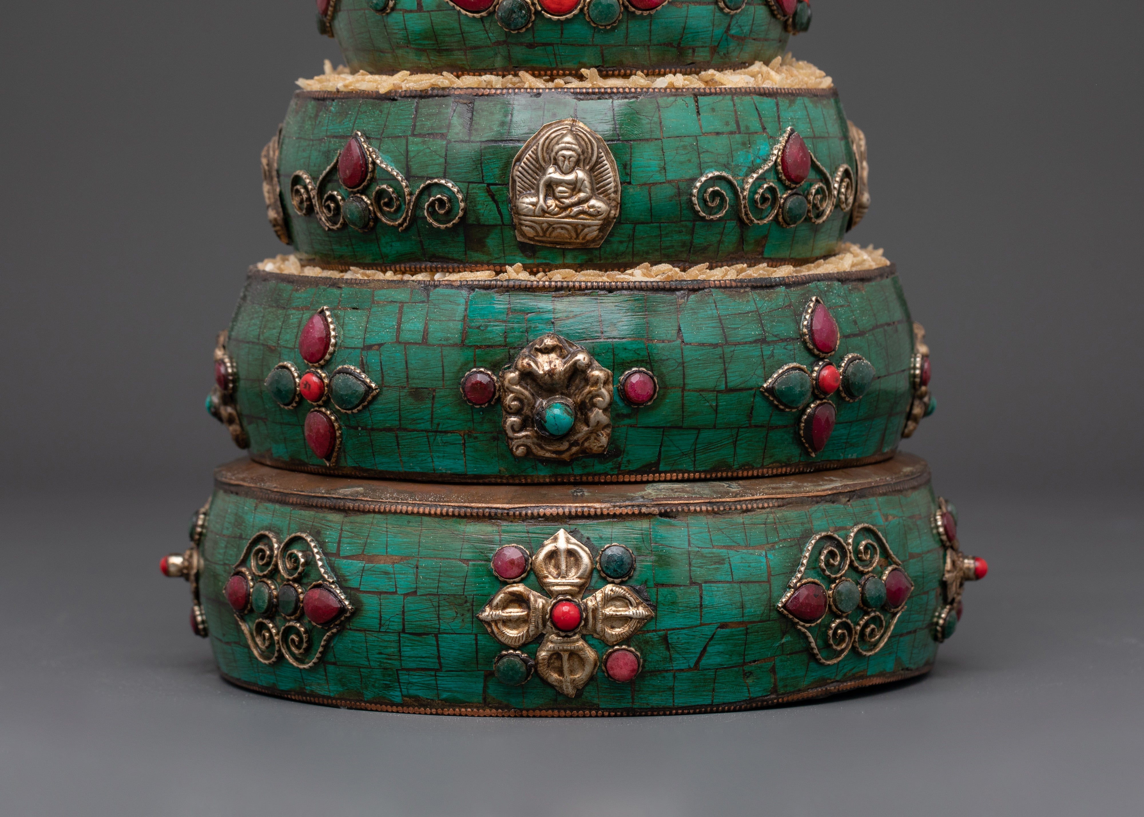 Handcrafted Buddhist Mandala Offering Set | Brass Ritual Set with Coral & Turquoise
