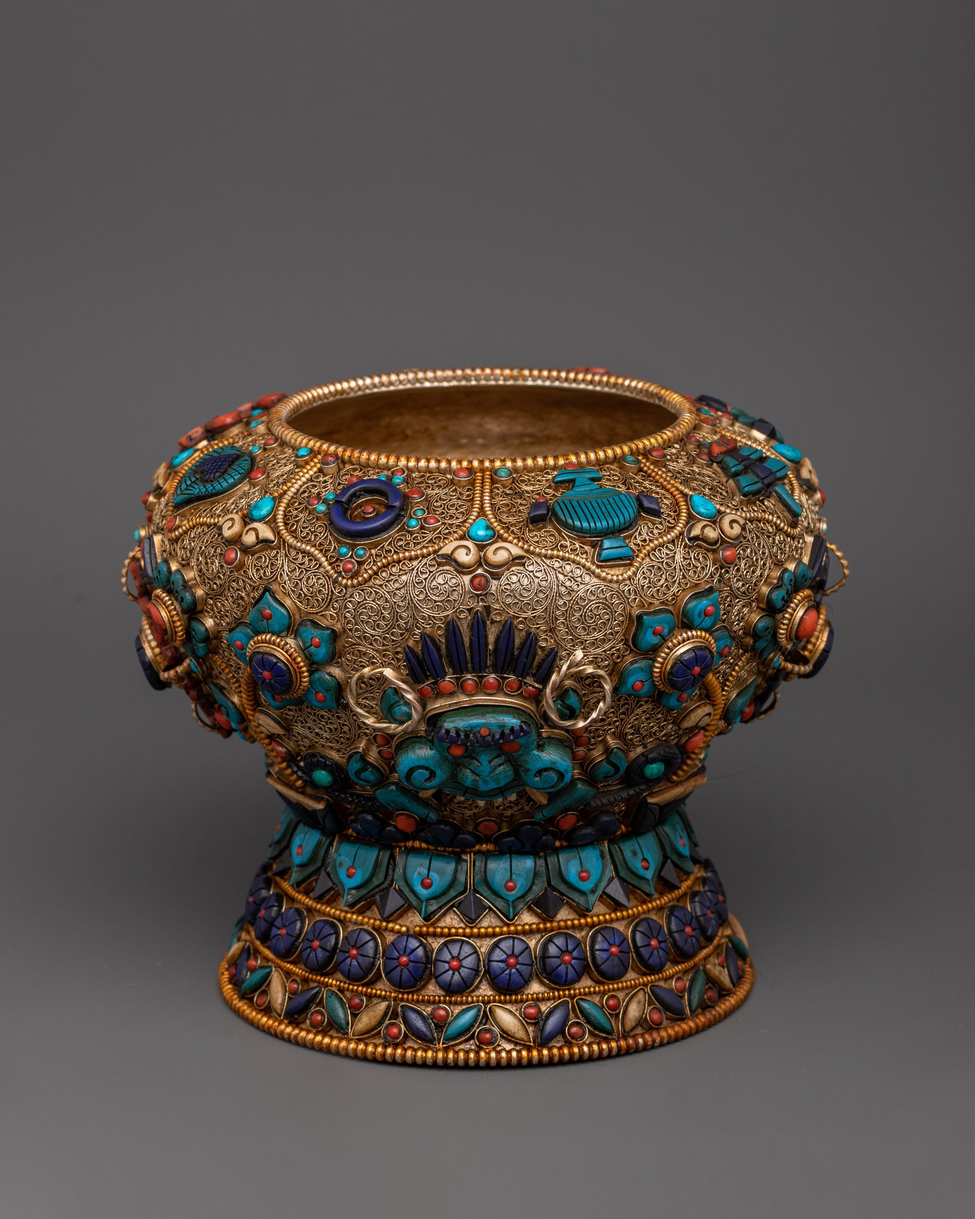 Tibetan Rice Bowl with Coral | Buddhist Altar Offering Bowl Decor