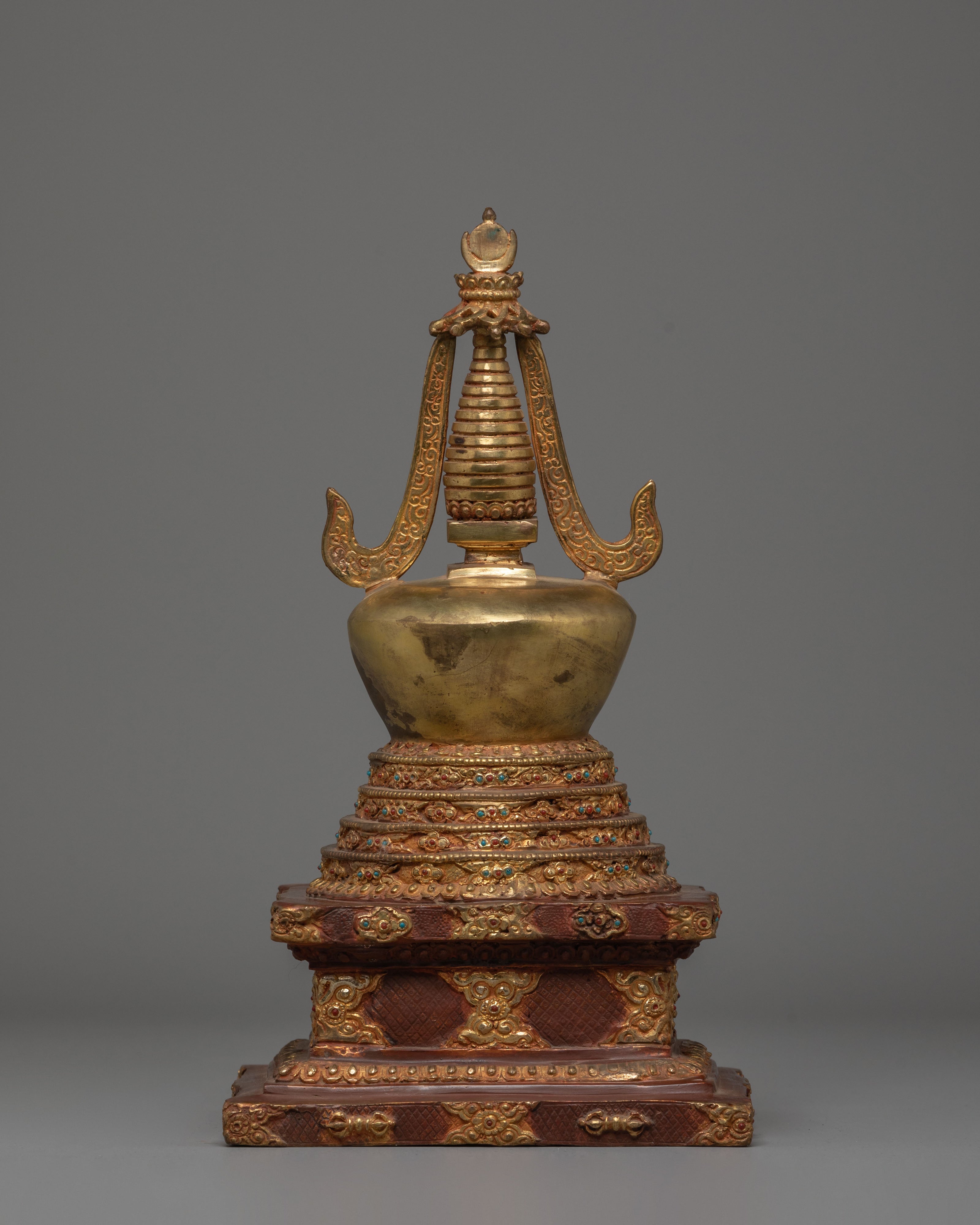 Handcrafted Buddhist Shrine Stupa | Gold Plated Tibetan Ritual Stupa Art