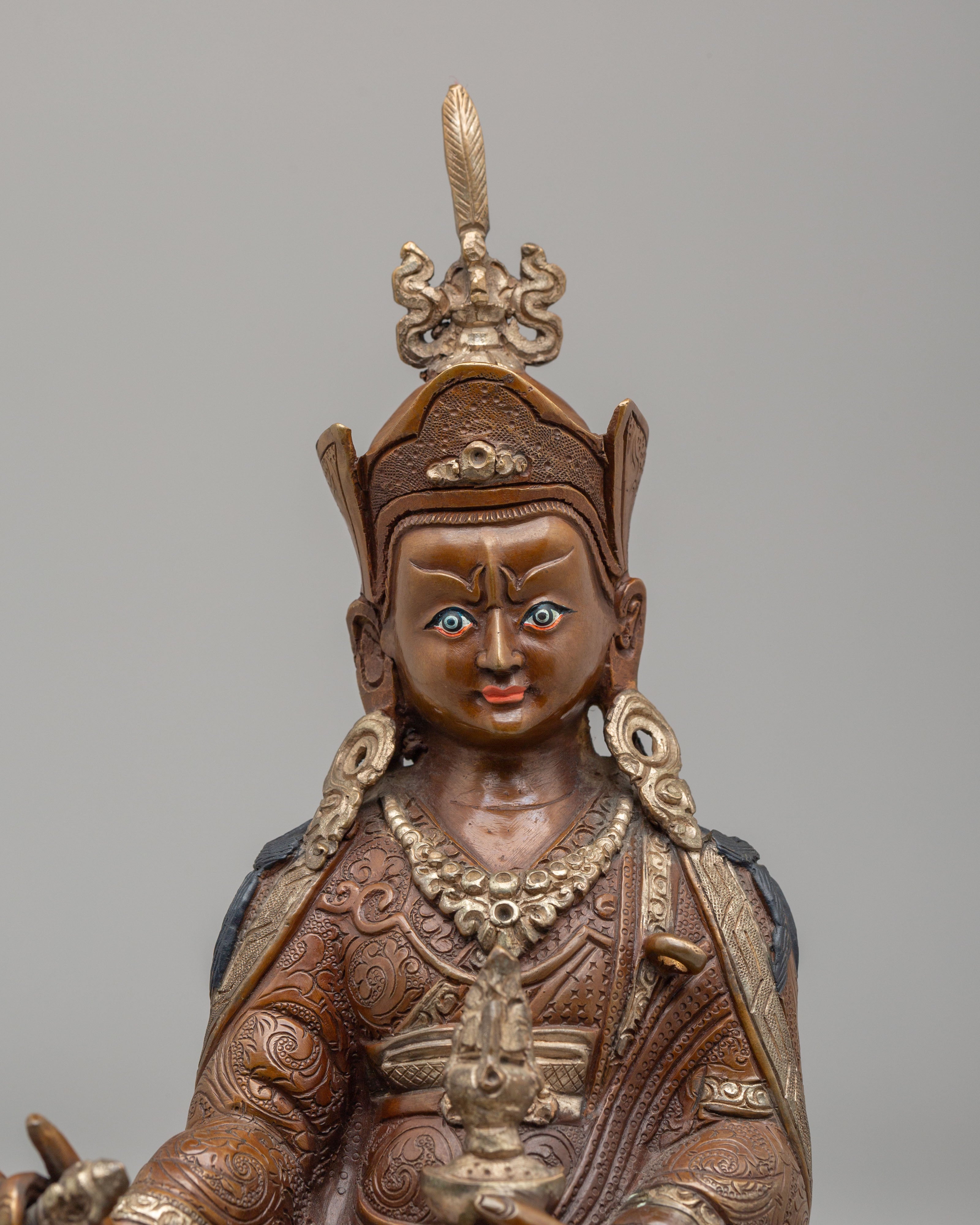 Handcrafted Ritual Guru Rinpoche Statue | Oxidized Copper Meditation Altar Sculpture