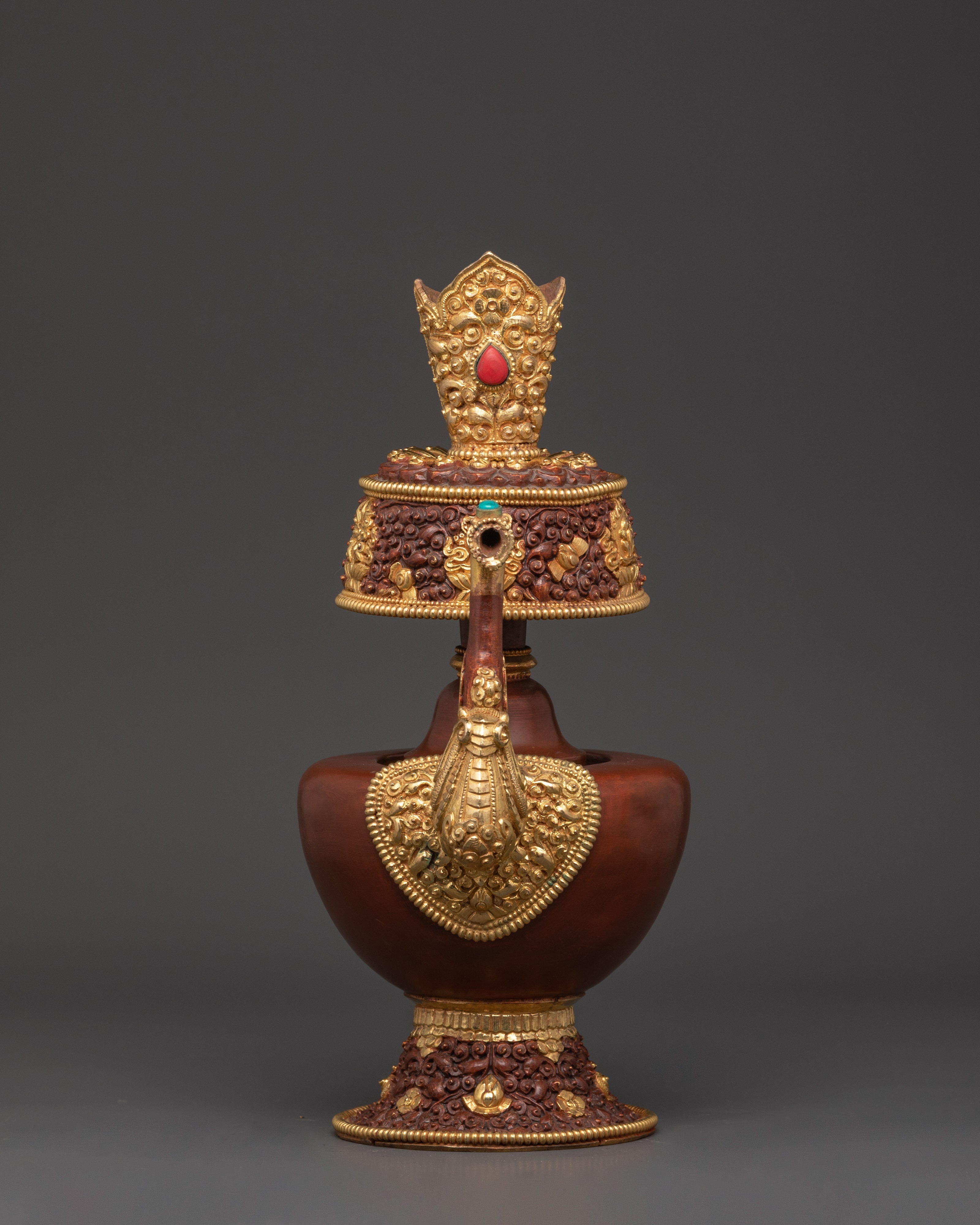 Pair of Tibetan Bhumba Vases | Gold-Plated Copper Vessels with Coral Inlay