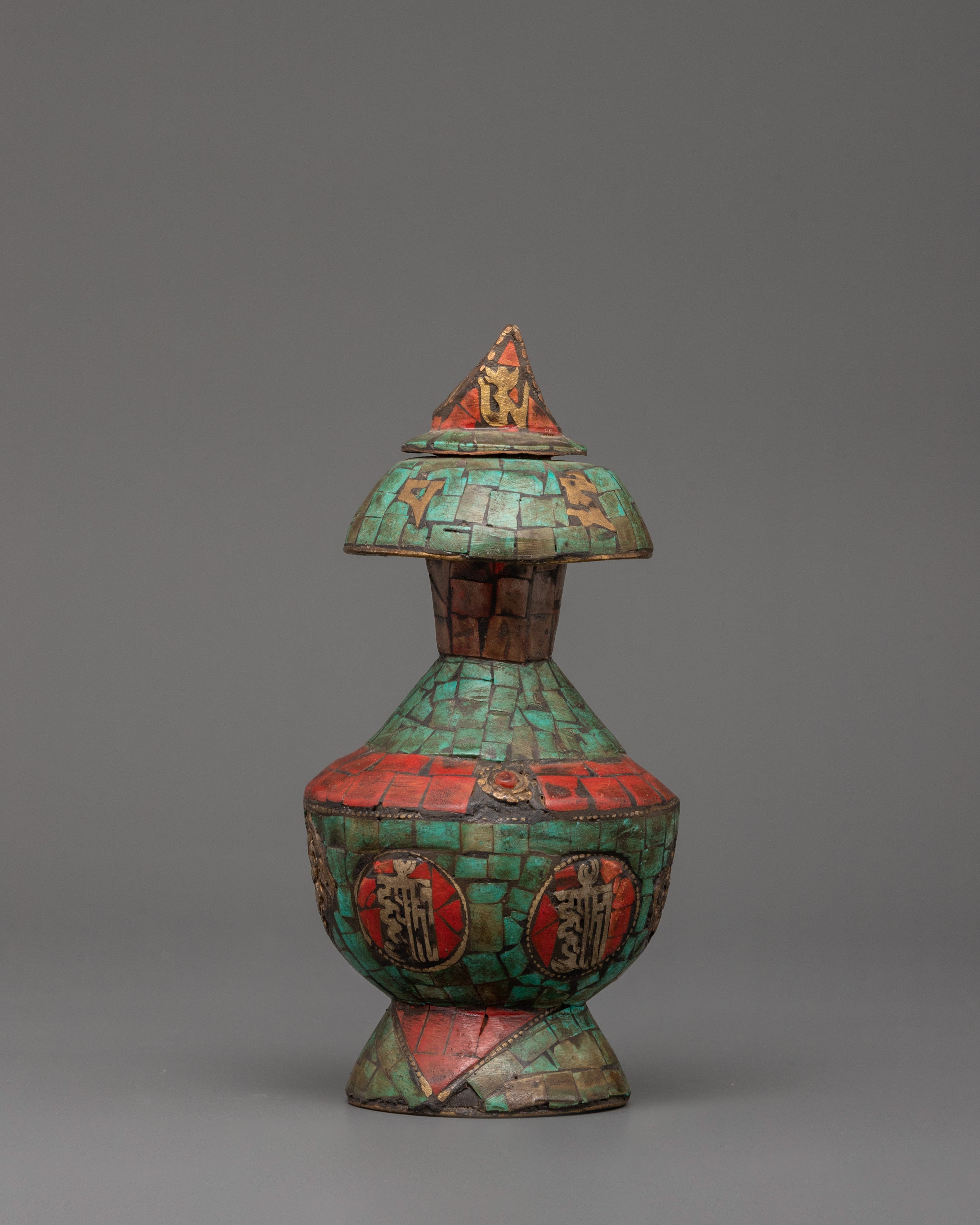 Tibetan Bhumba with Turquoise & Coral Inlay | Ritual Water Vase with Tibetan Symbols