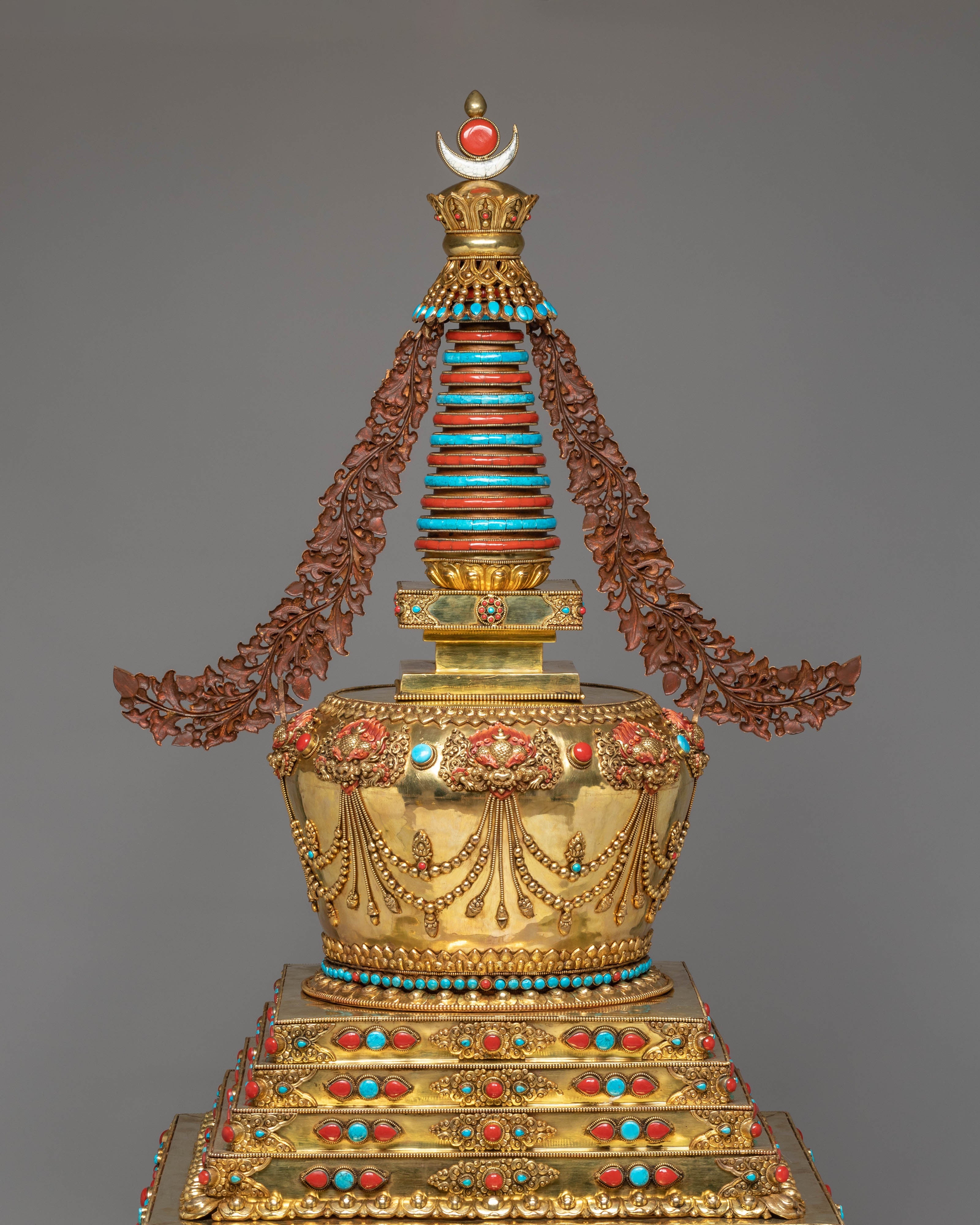 Buddhist Handcrafted Sacred Stupa | Gold-Plated Copper with Coral & Turquoise