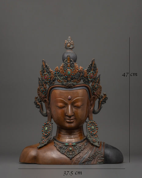 Crowned Buddha Head Sculpture | Oxidized Copper Bust with Coral Inlay