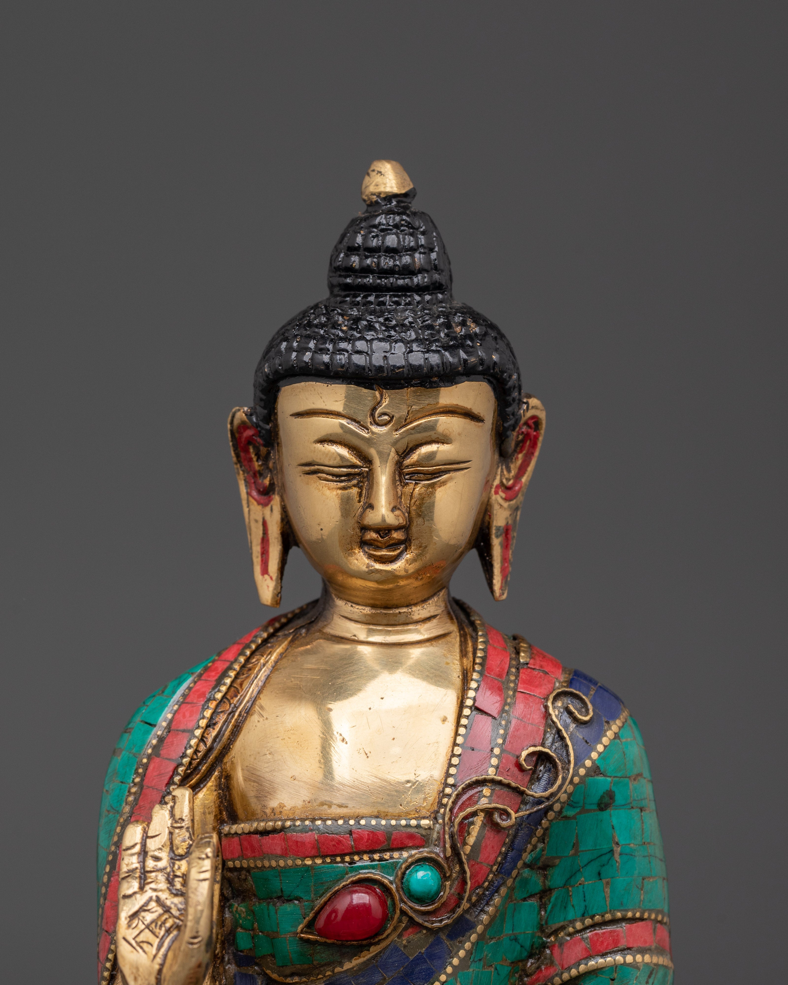 Handmade Amoghasiddhi Buddha Sculpture | Brass, Coral & Turquoise Inlay