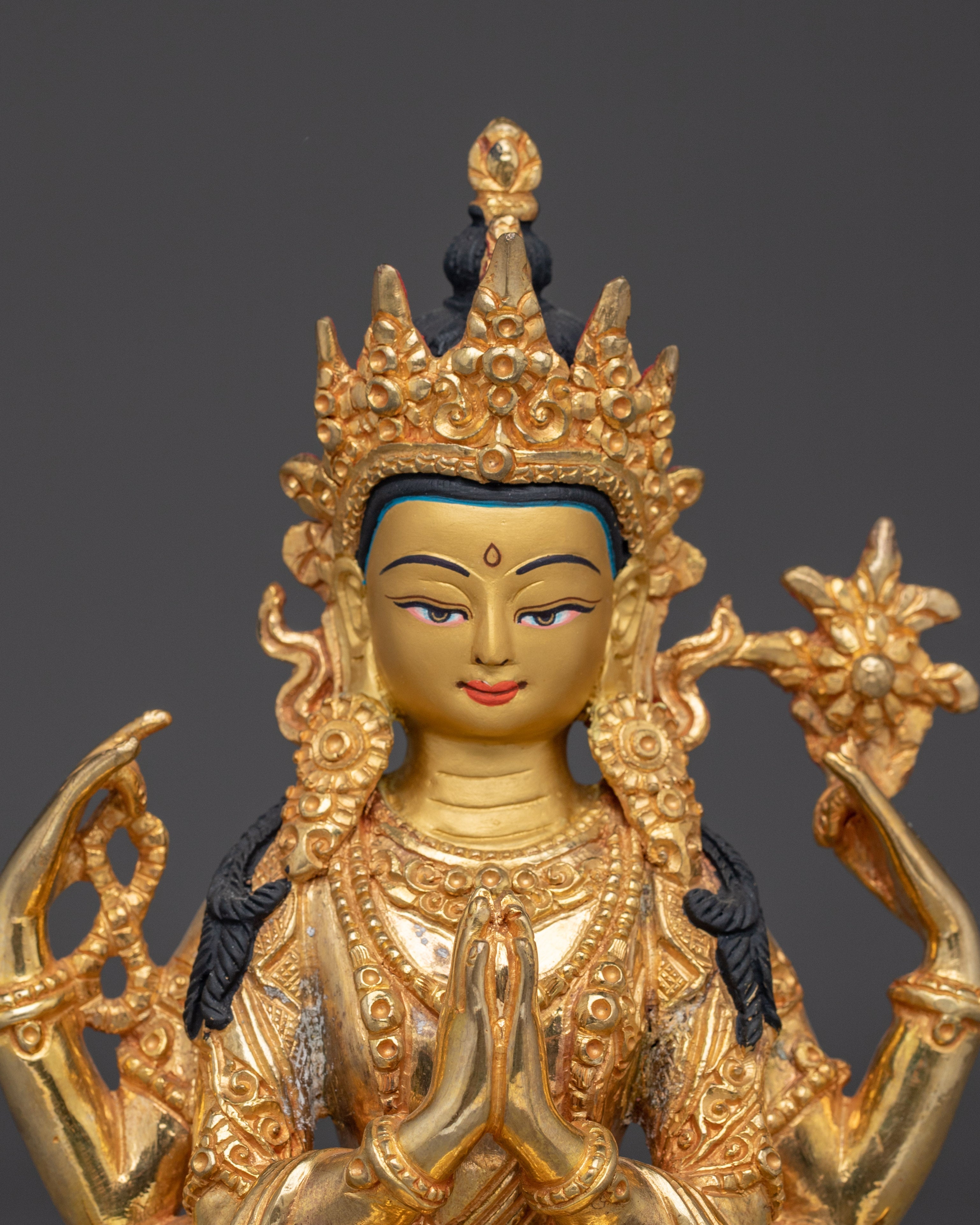 Handmade Gold Gilded Chenrezig Art | Tibetan Bodhisattva of Compassion