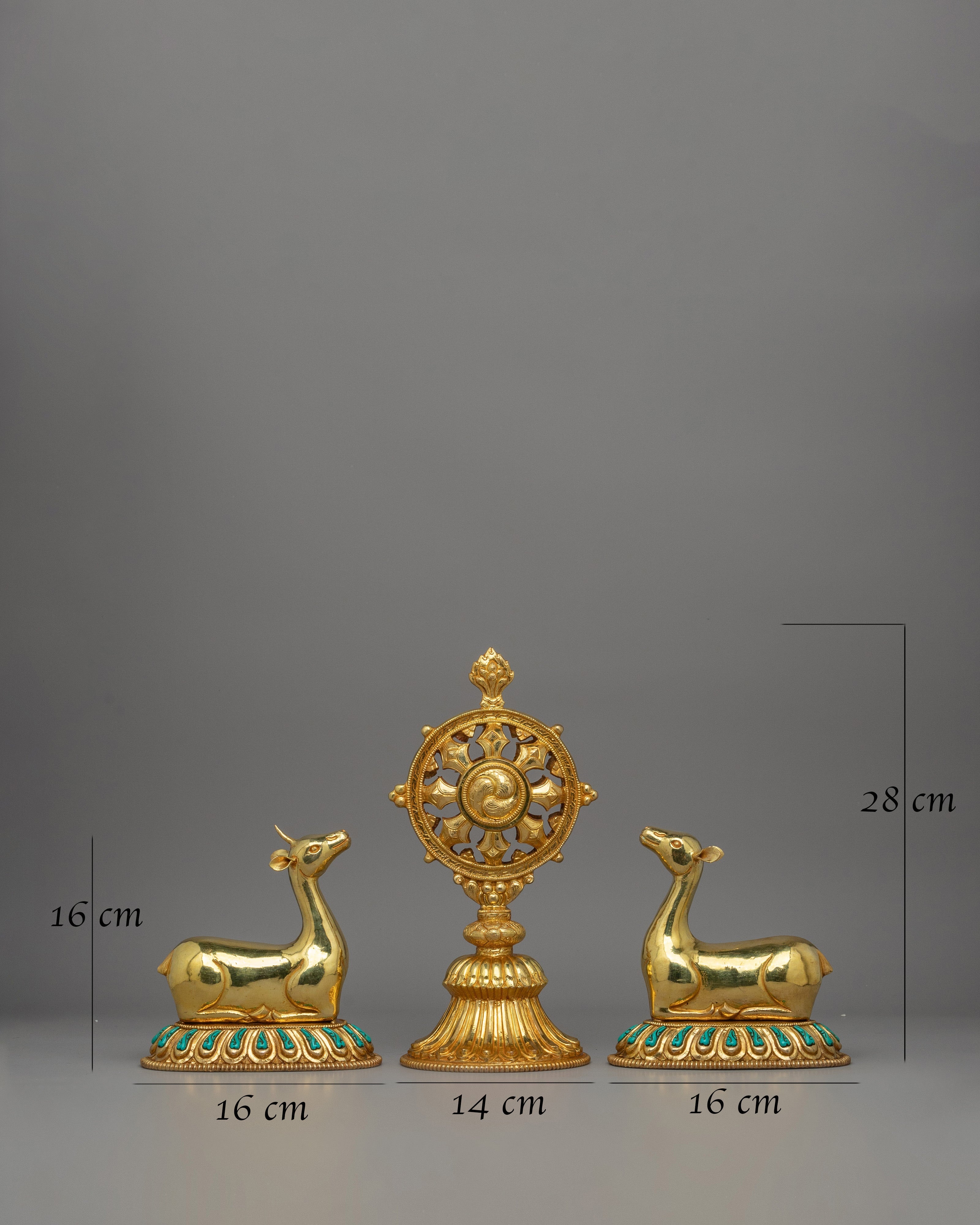 Dharma Wheel and Couple Deer Set | Plated Buddhist Shrine Decor