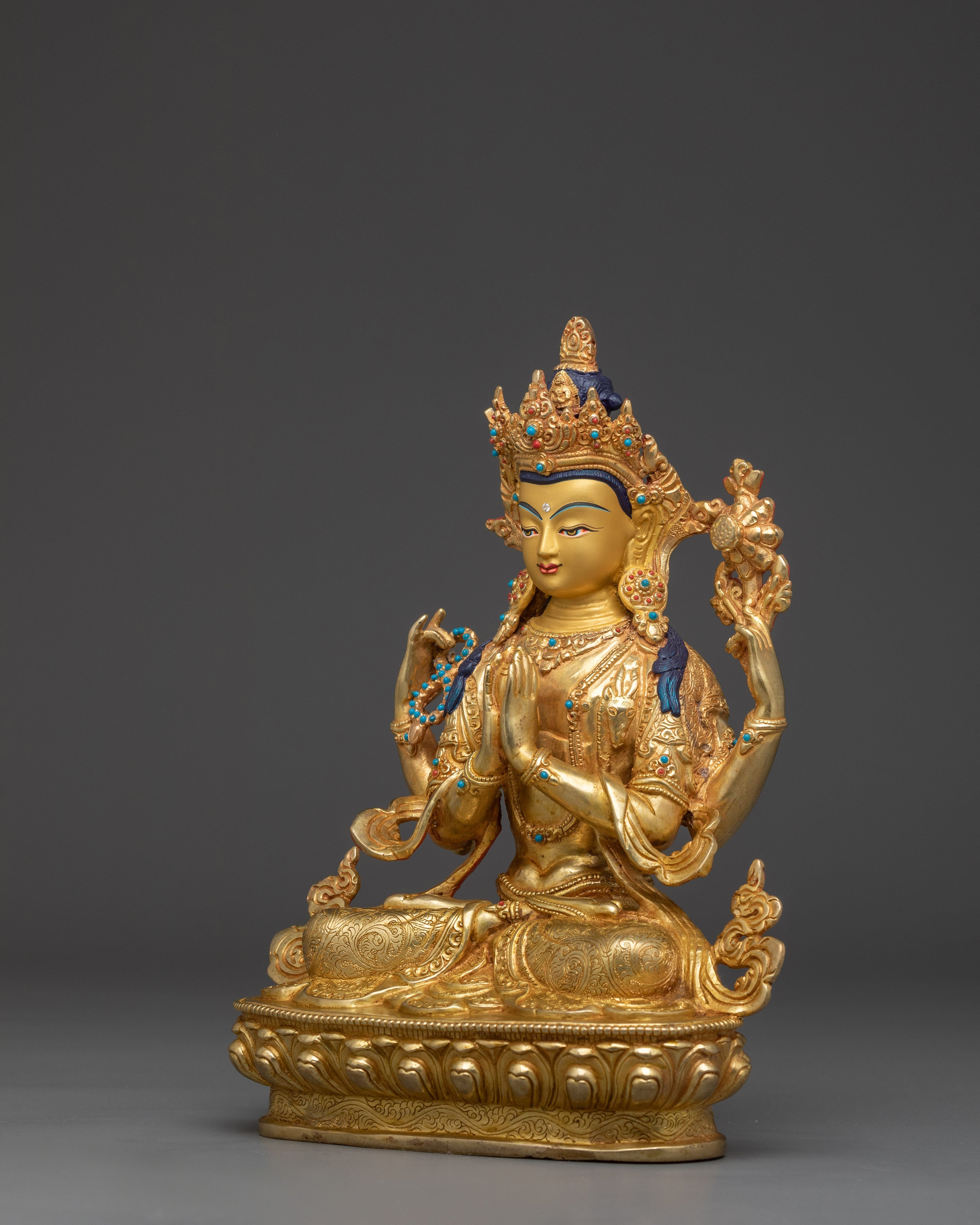 Tibetan Copper Chenrezig with Gemstone Inlay | Avalokiteshvara Sculpture for Meditation