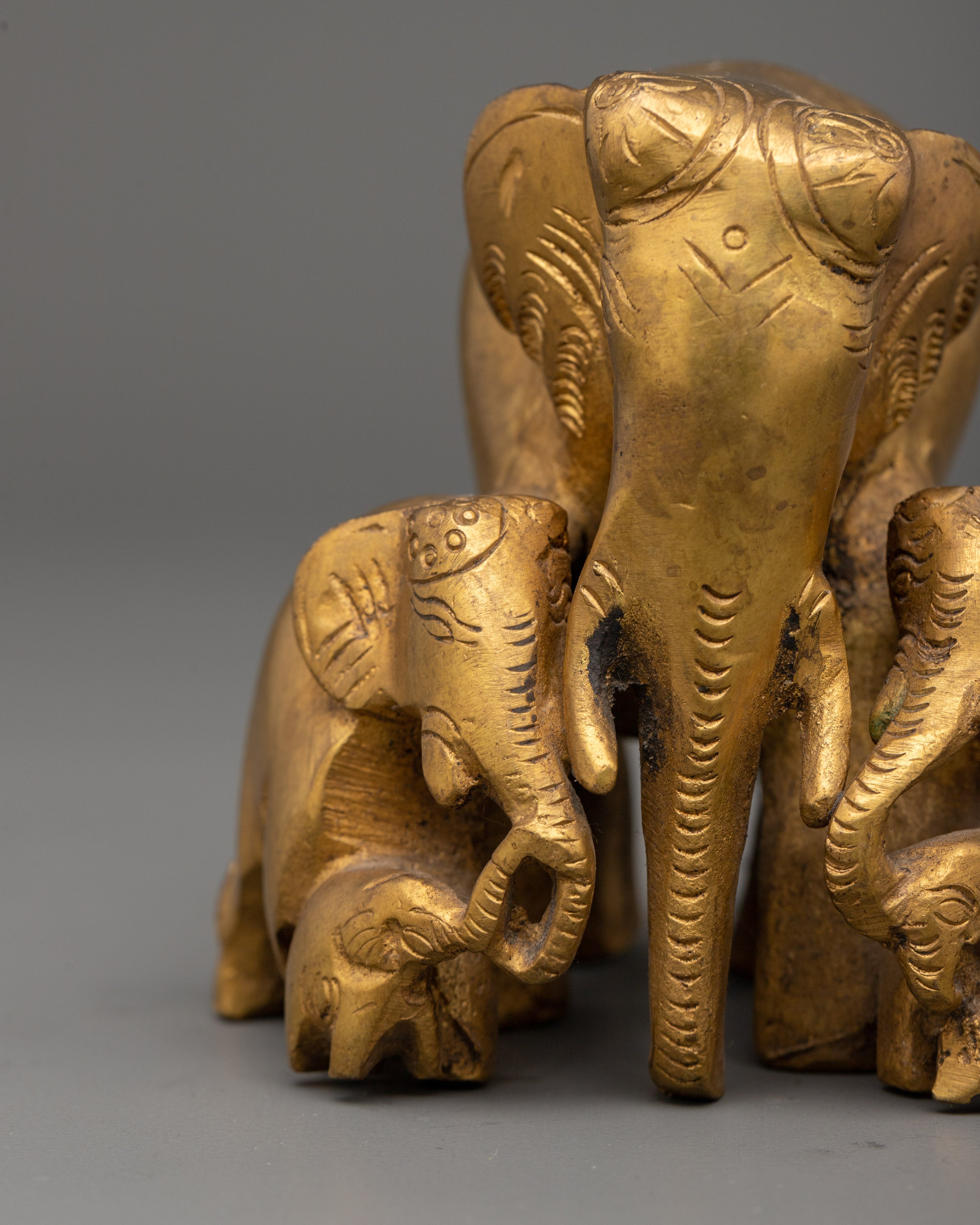 Handcrafted Brass Elephant Family Sculpture | Symbolic Elephant Set for Home Decor