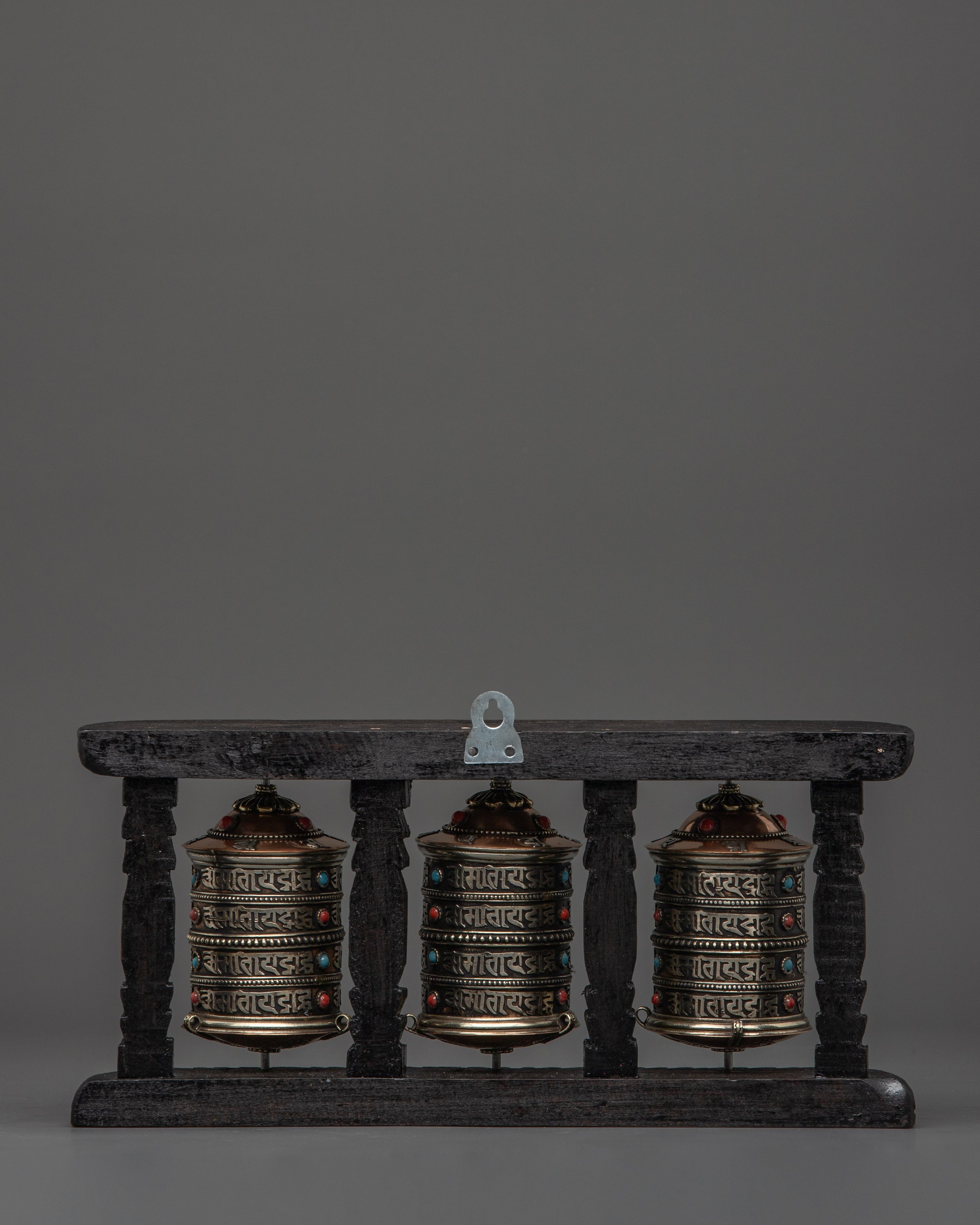 Three-Wheel Prayer Spinner in Wooden Frame | Tibetan Buddhist Home Blessing Tool