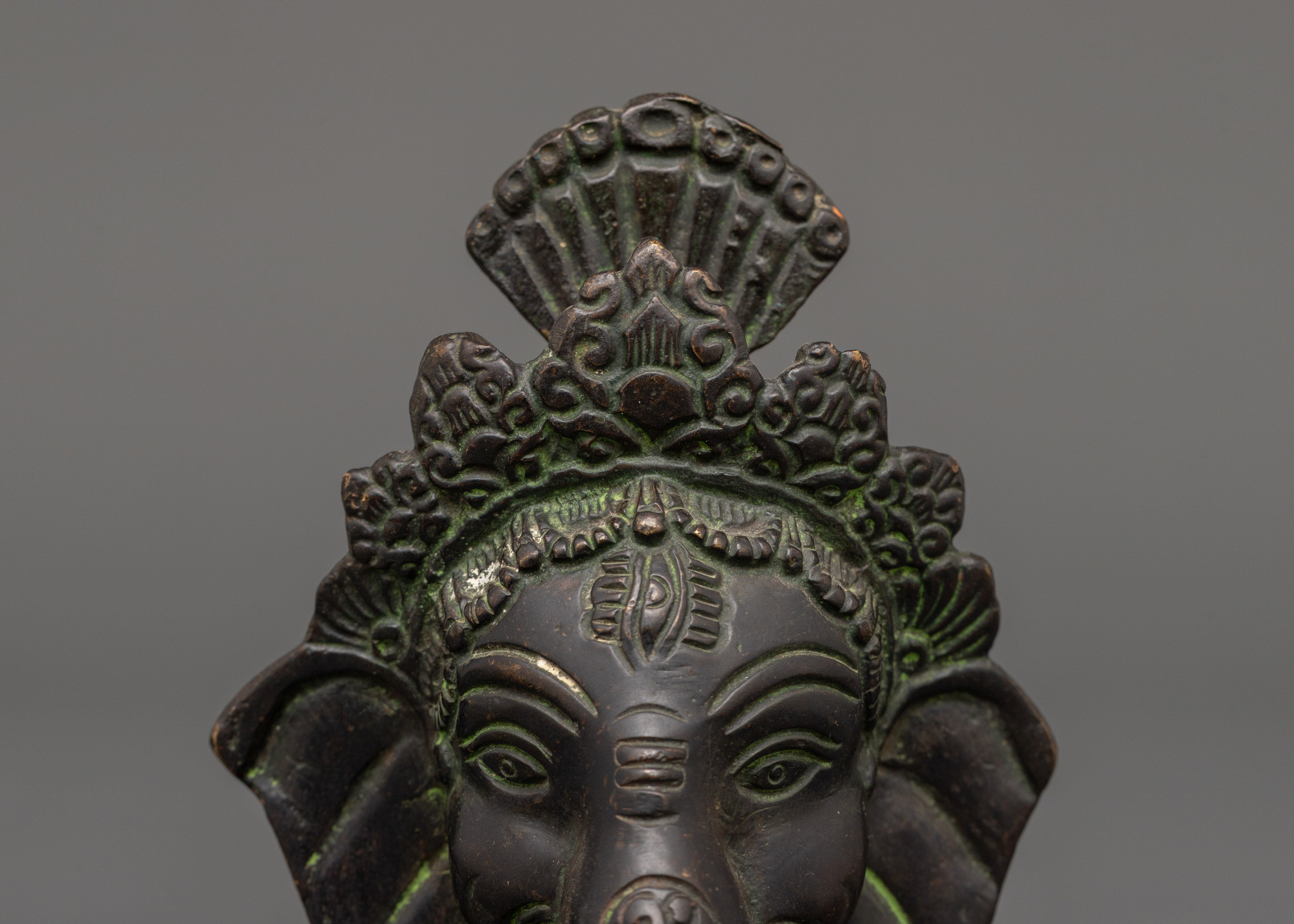 Brass Ganesh Head Statue with Antique Finish | Hindu Elephant God Ganesha