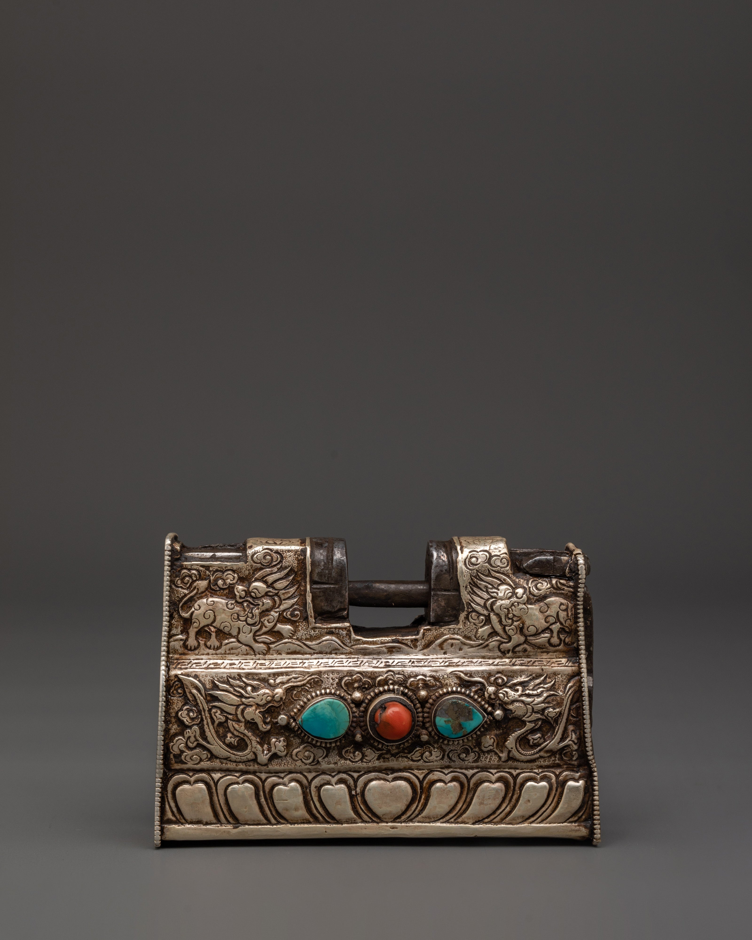 Tibetan Silver Ritual Padlock with Key | Dragon Motif Lock Inlaid with