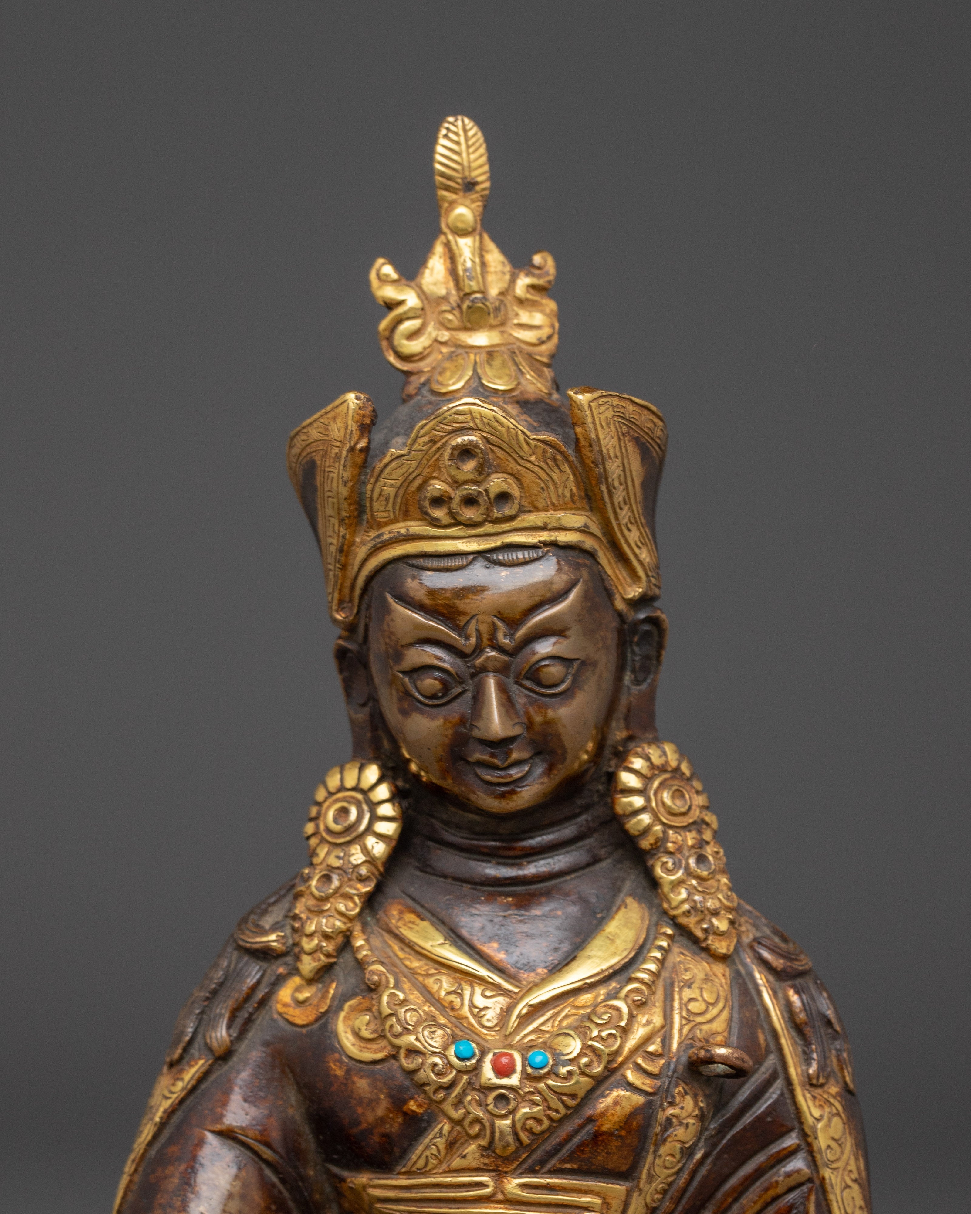 Oxidized Copper Statue of Guru Rinpoche | Gold-Plated Tibetan Spiritual Figure