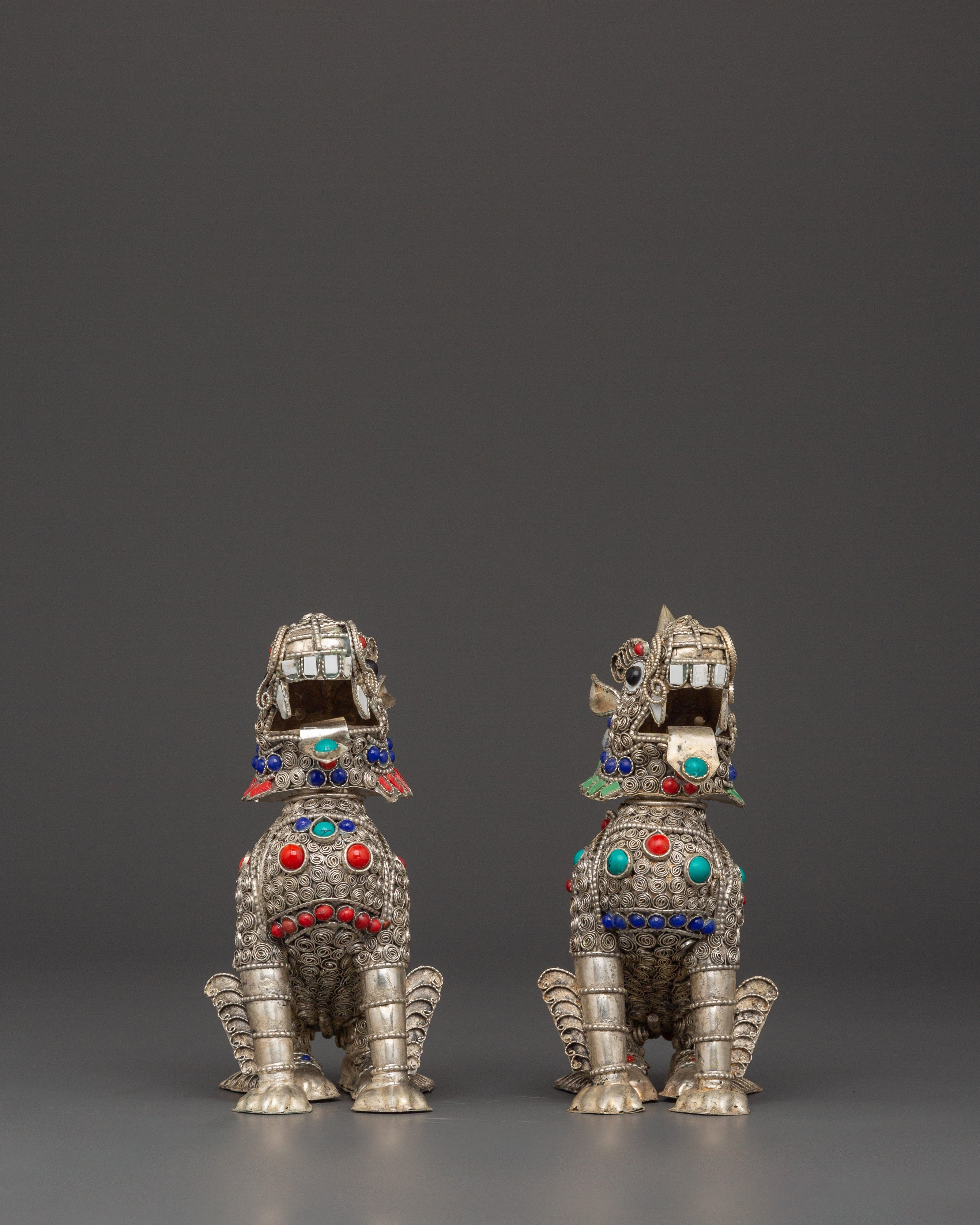 Tibetan Snow Lion Buddhist Protector Set | Silver-Plated White Metal Guardian Statues