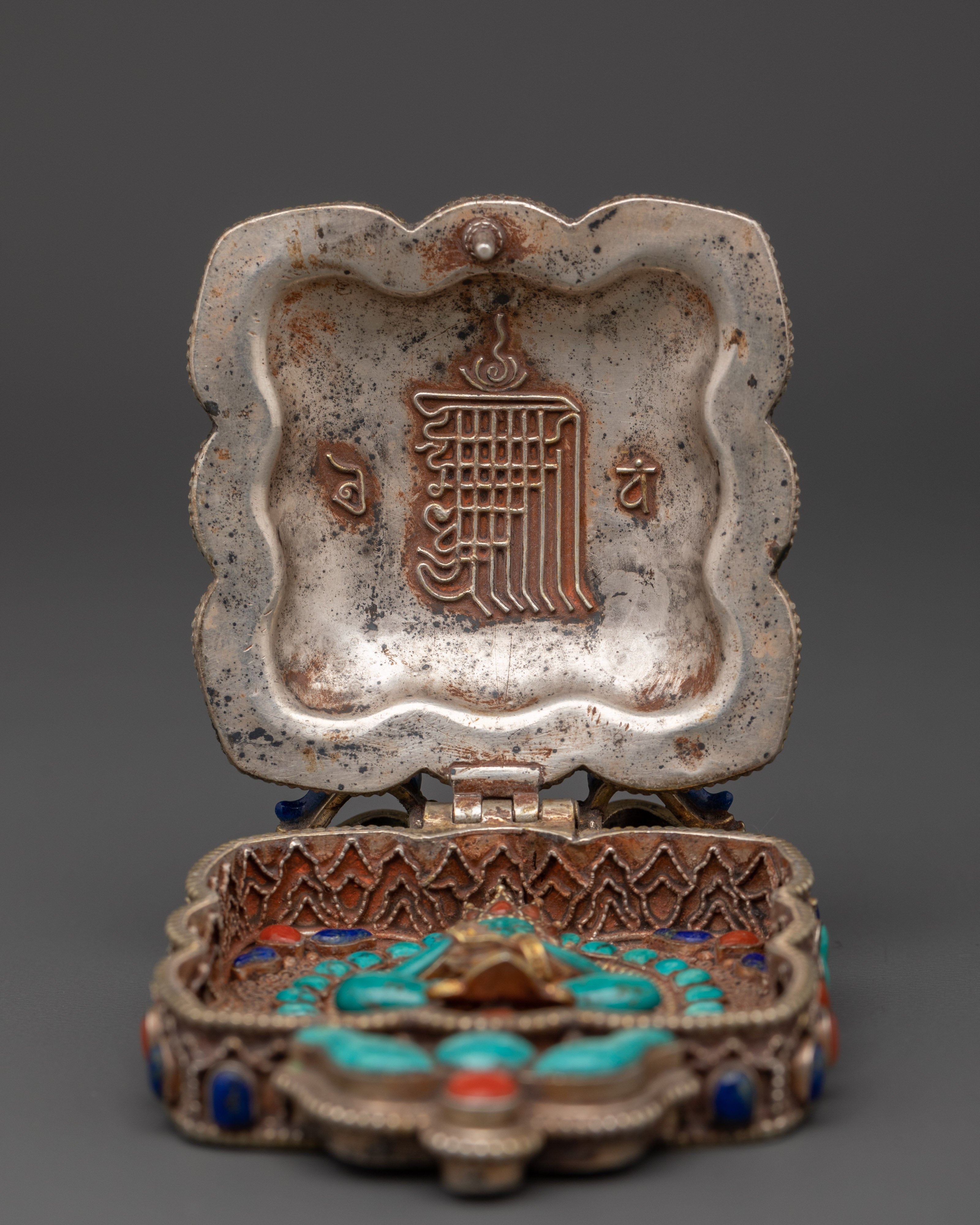 Tibetan Ghau Locket Charm | Silver Pendant with Turquoise
