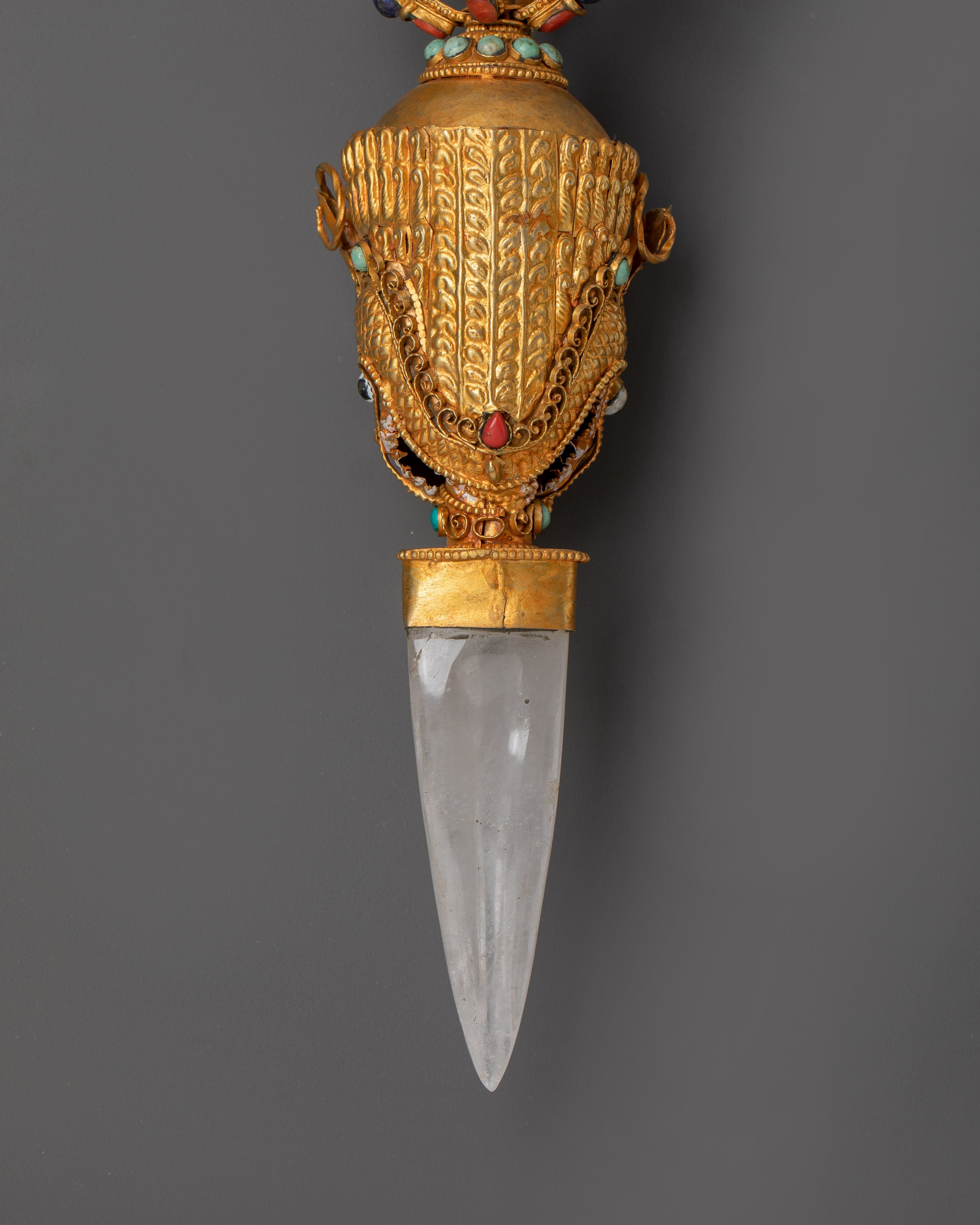 Buddhist Three Sided Phurba | Gold-Plated Ritual Dagger with Crystal and Turquoise