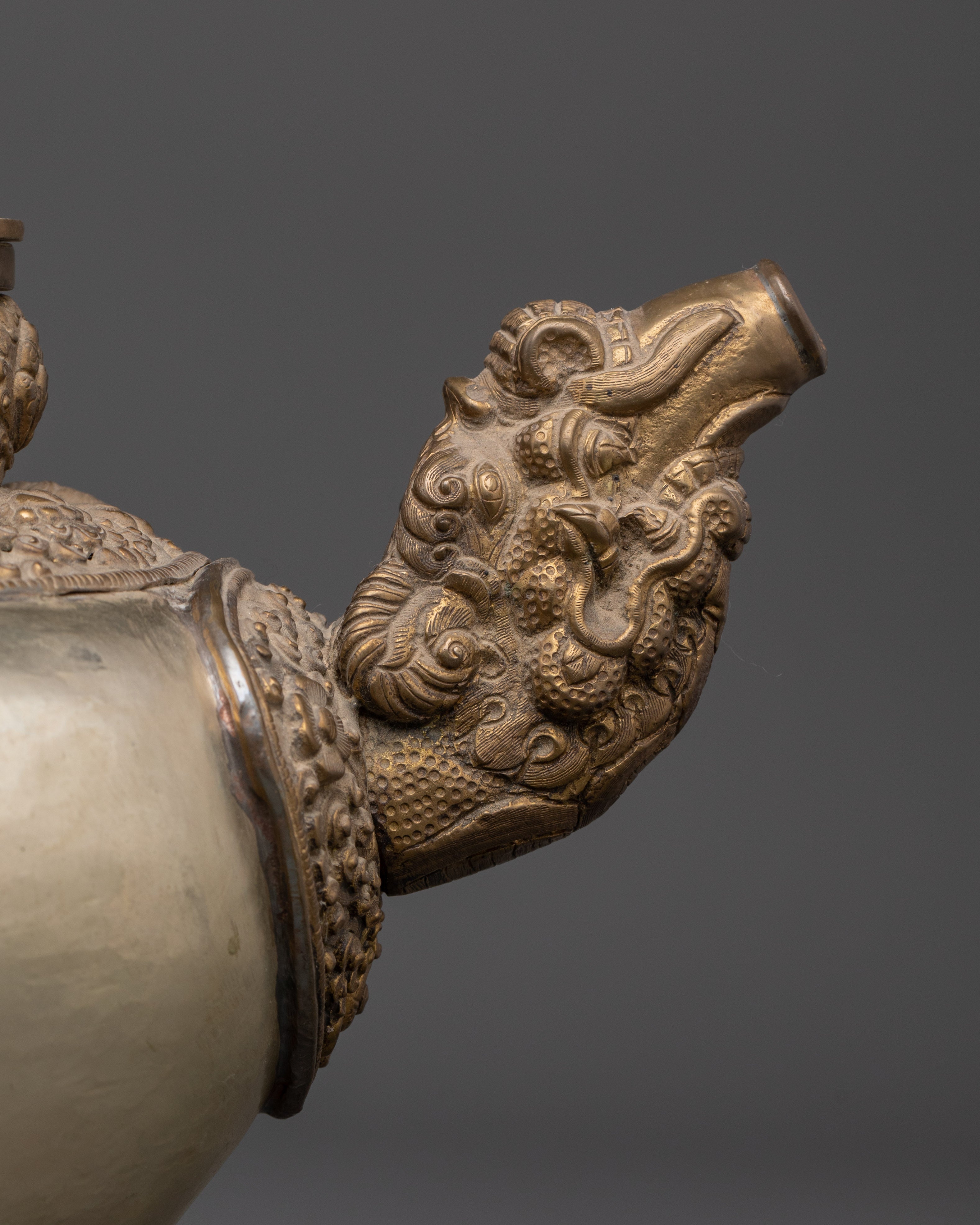 Handcrafted Buddhist Tea Pot | Traditional White Metal Pot with Dragon Handles