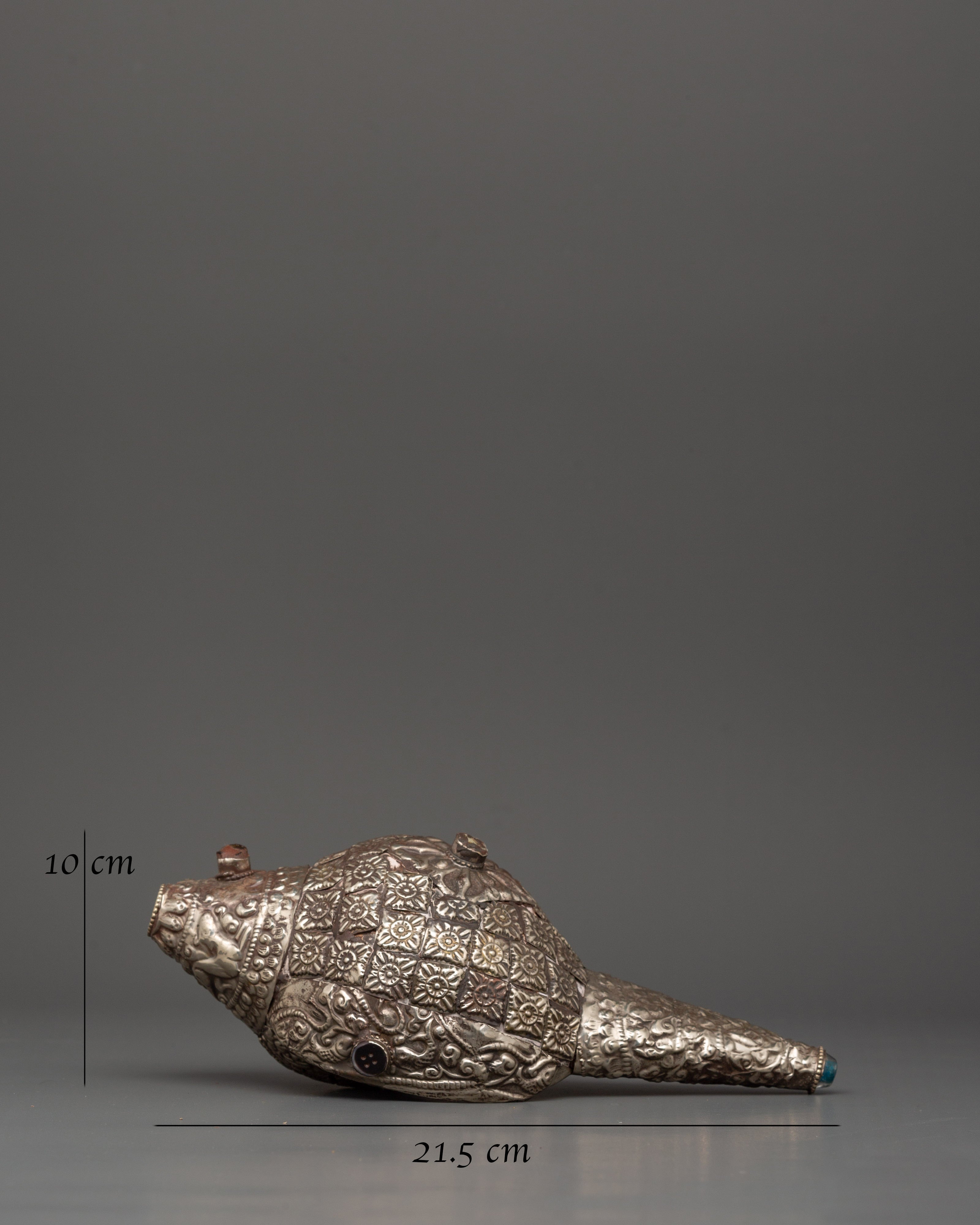 Handmade Tibetan Conch Shell | Silver-Plated with Coral & Turquoise Stones