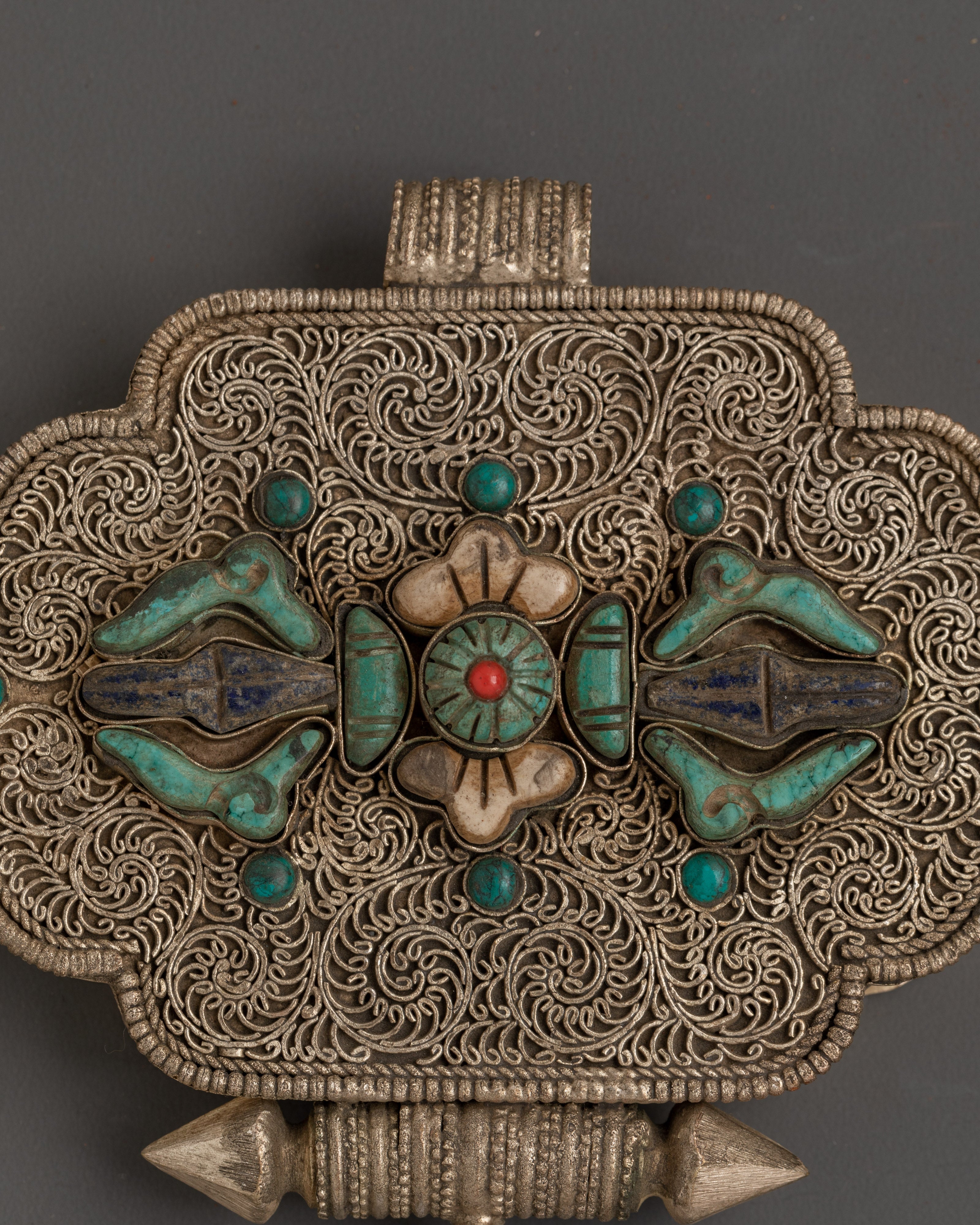 Sacred Tibetan Ghau Box with Turquoise  | Silver-Plated Amulet