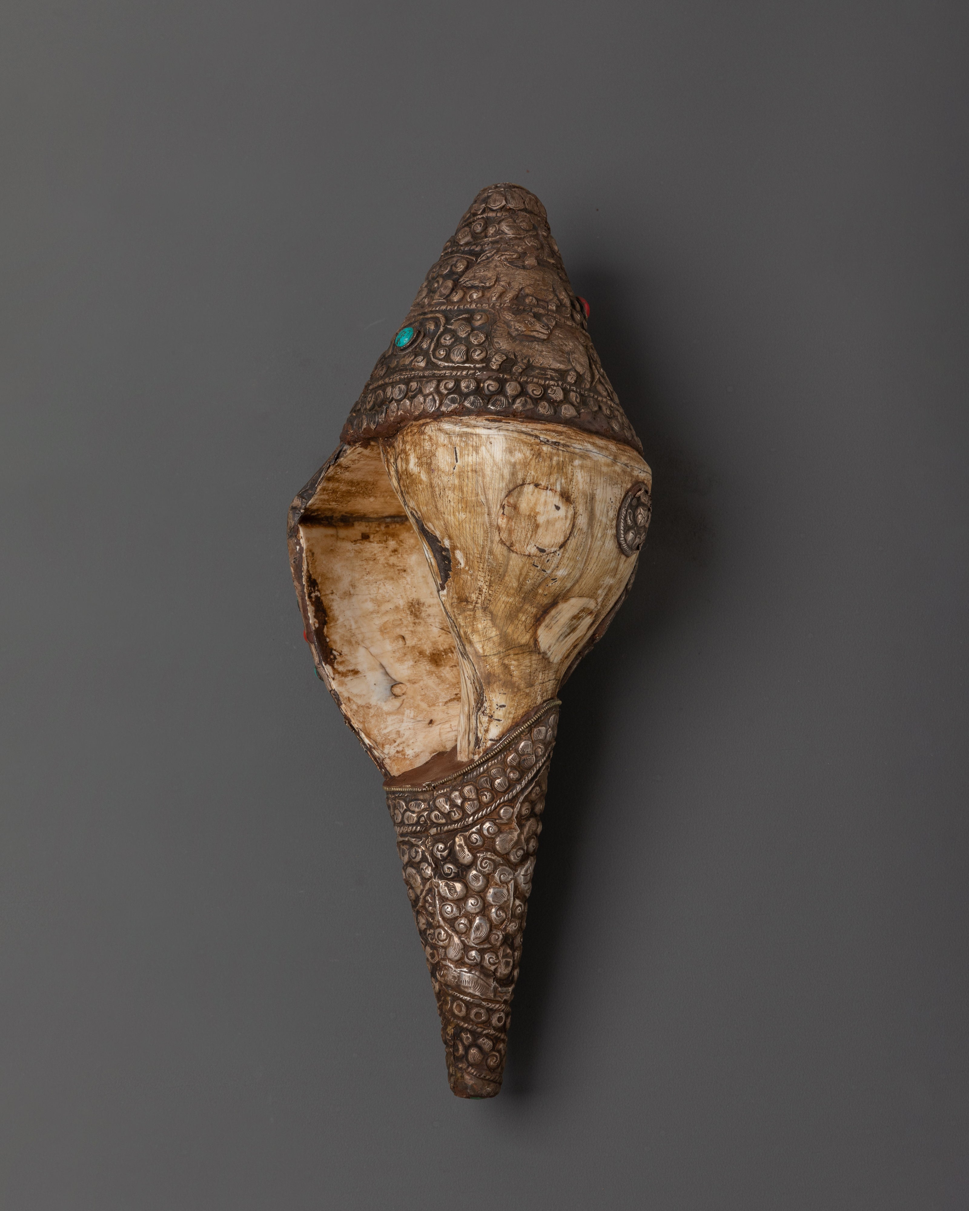 Buddhist Copper Conch Shell | Tibetan Ritual Trumpet with Coral and Turquoise