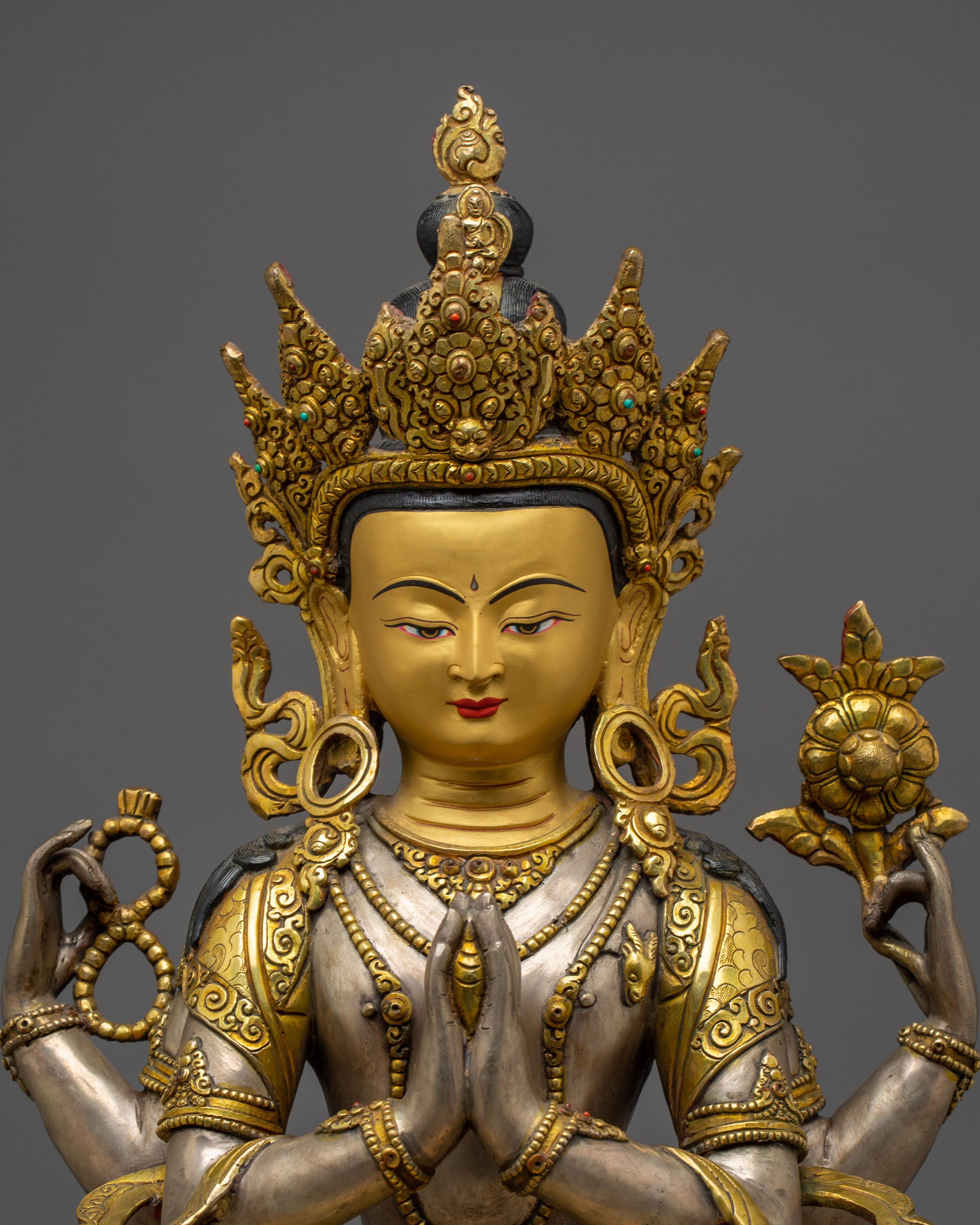 Silver-Plated & Gold-Gilded Copper Chenrezig Statue | The Bodhisattva of Compassion