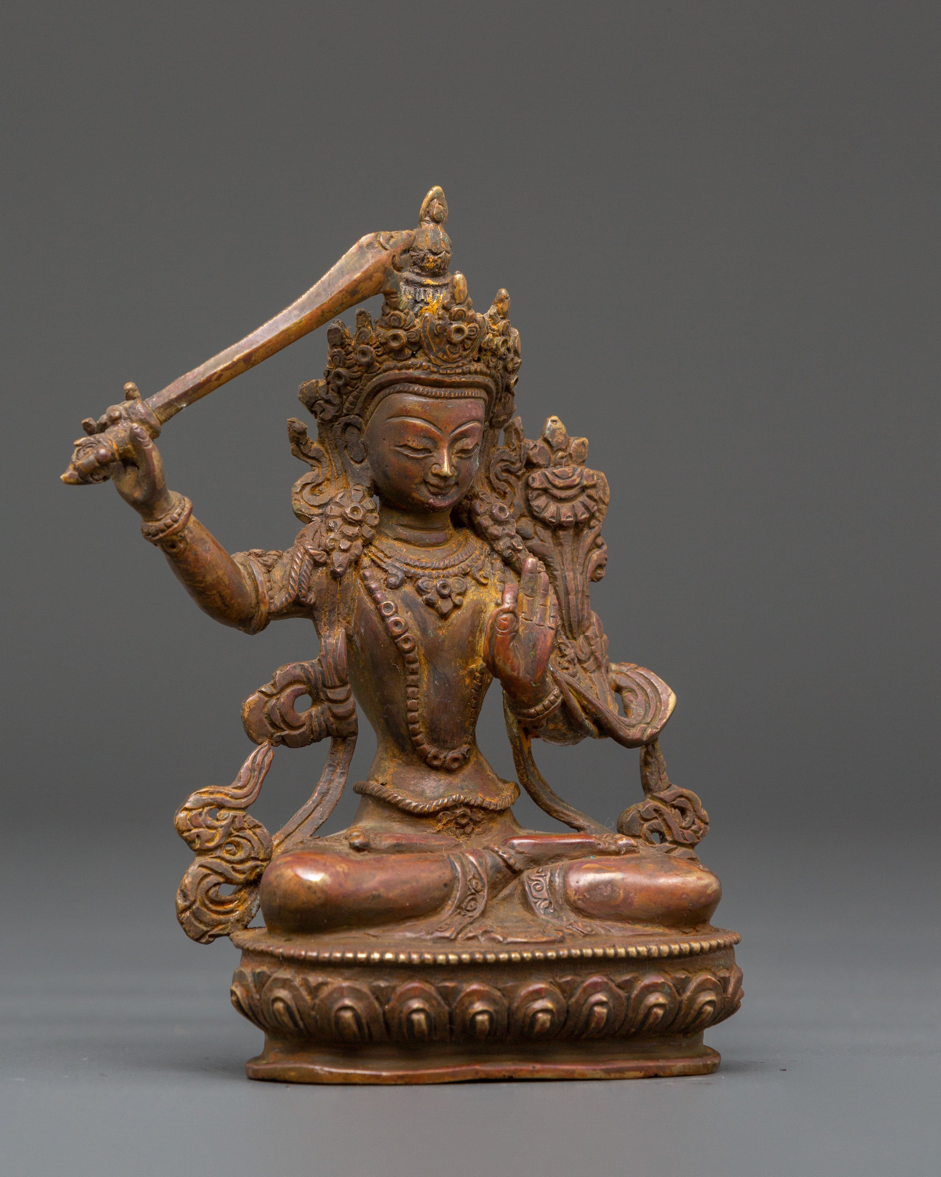 Handcrafted Copper Manjushri Statue | Wisdom Buddha Meditation Sculpture
