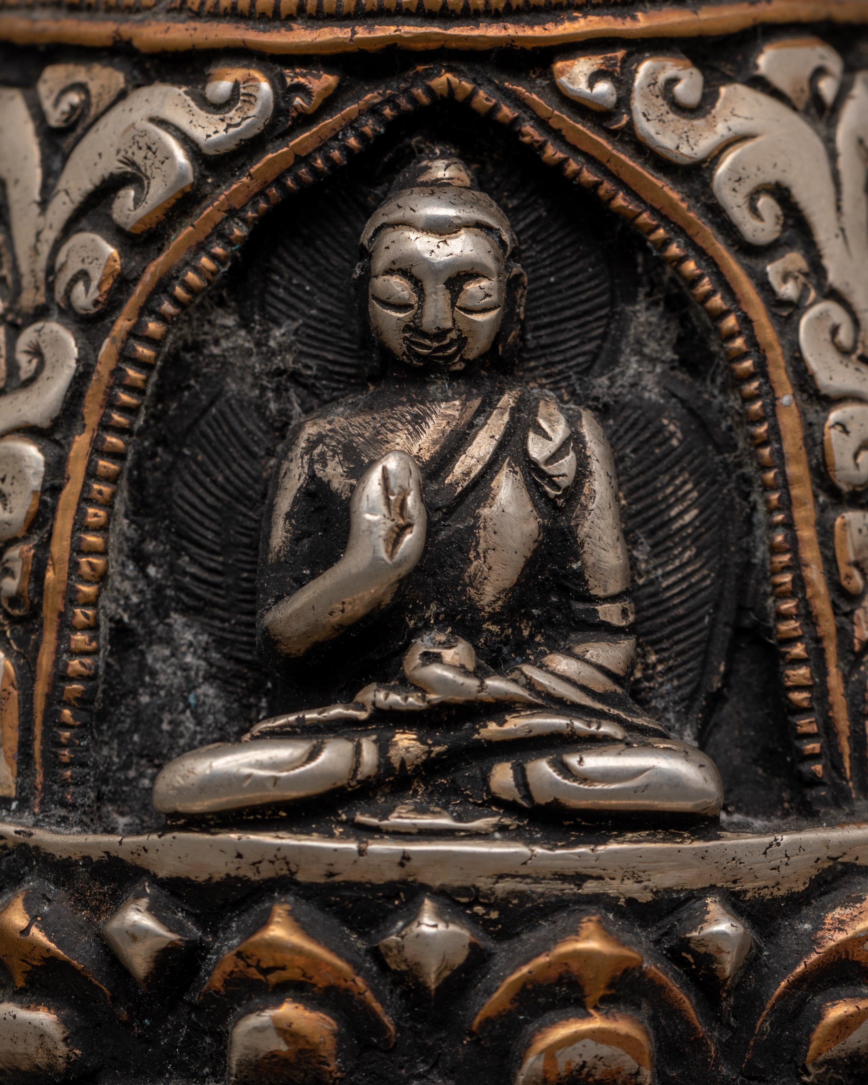 Oxidized Copper Stupa with Silver Plating 4 Buddha Engraved | Spiritual Home Decor
