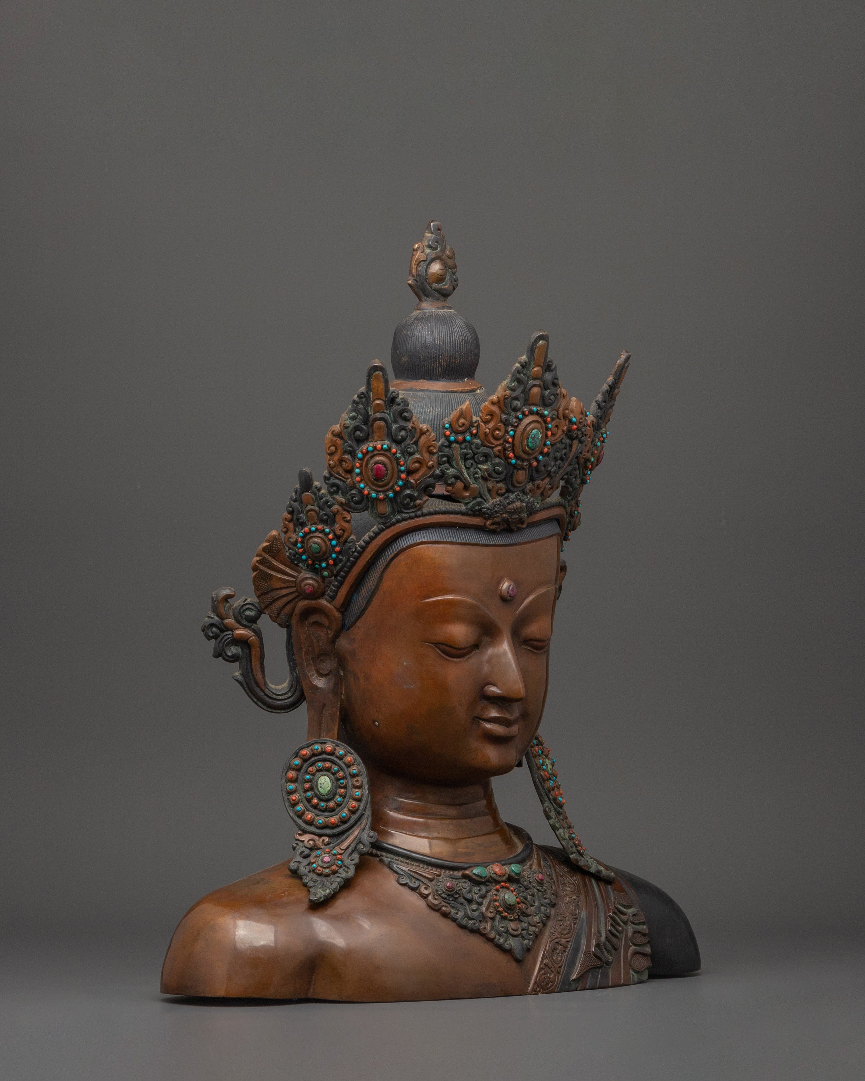 Crowned Buddha Head Sculpture | Oxidized Copper Bust with Coral Inlay