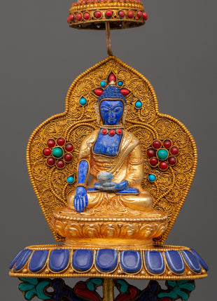 Shakyamuni Buddha on Crystal Elephant | Lapis & Coral Inlaid Gold Statue