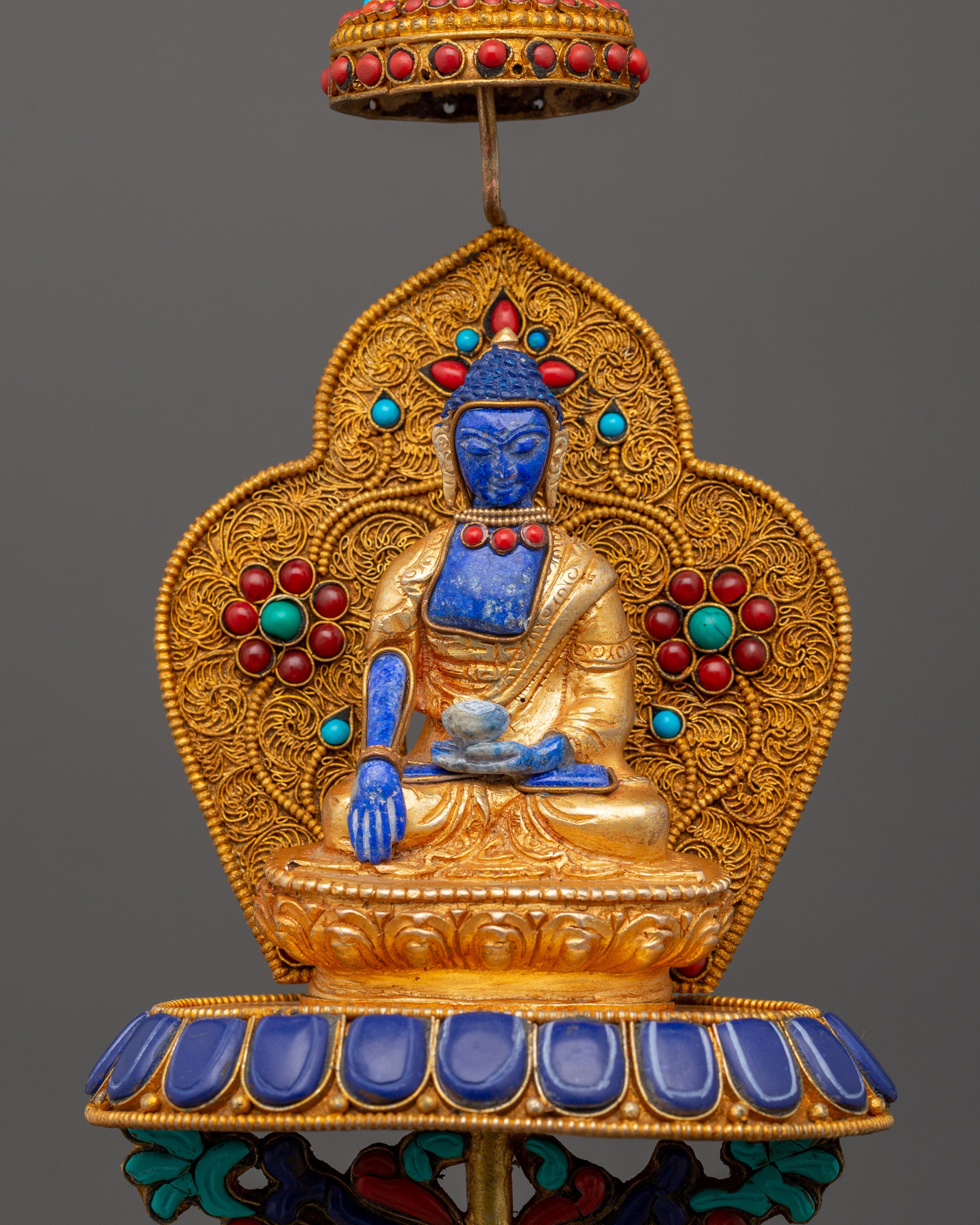 Shakyamuni Buddha on Crystal Elephant | Lapis & Coral Inlaid Gold Statue