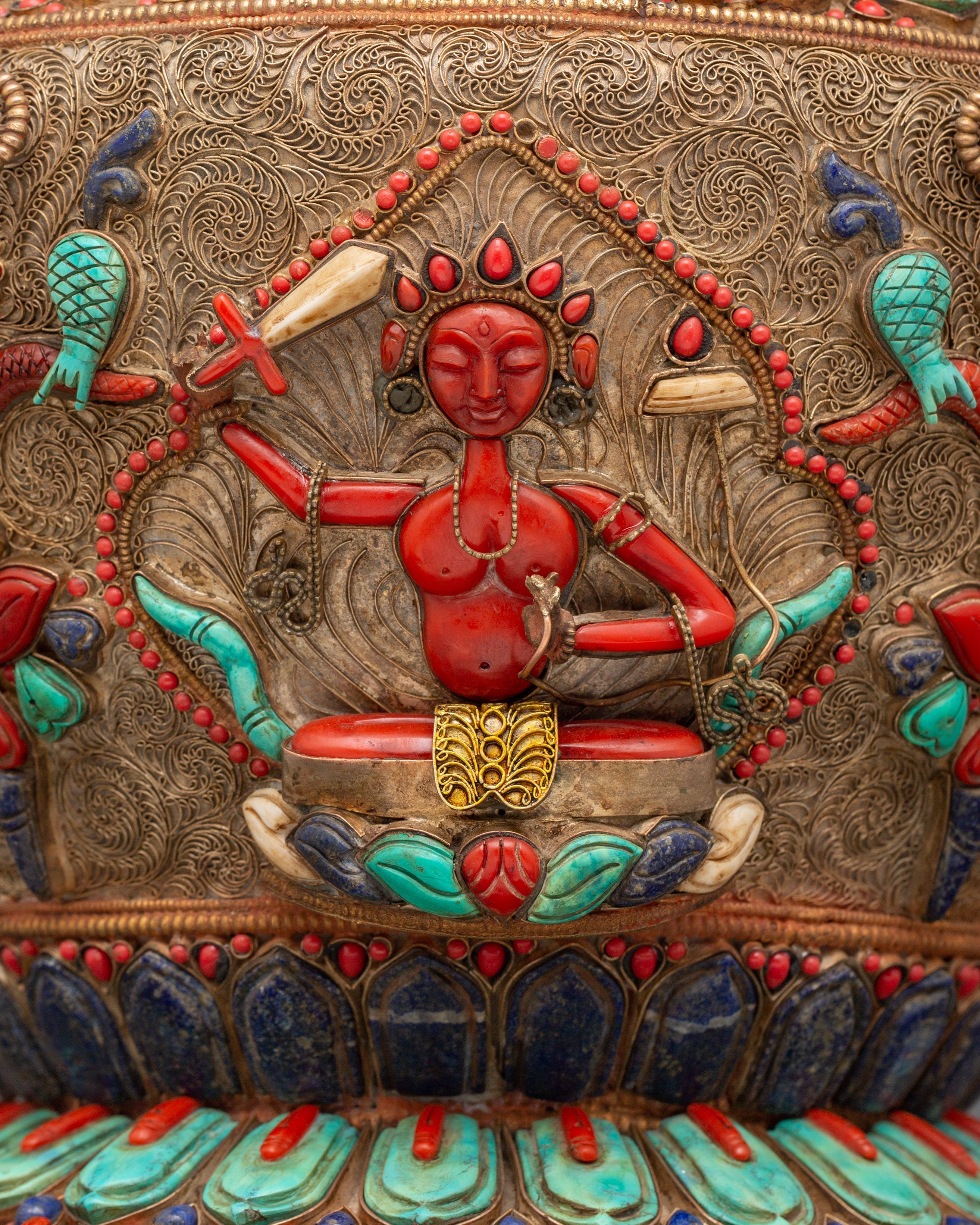 Tibetan Ritual Rice Pot with Coral | Buddhist Ritual and Altar Use