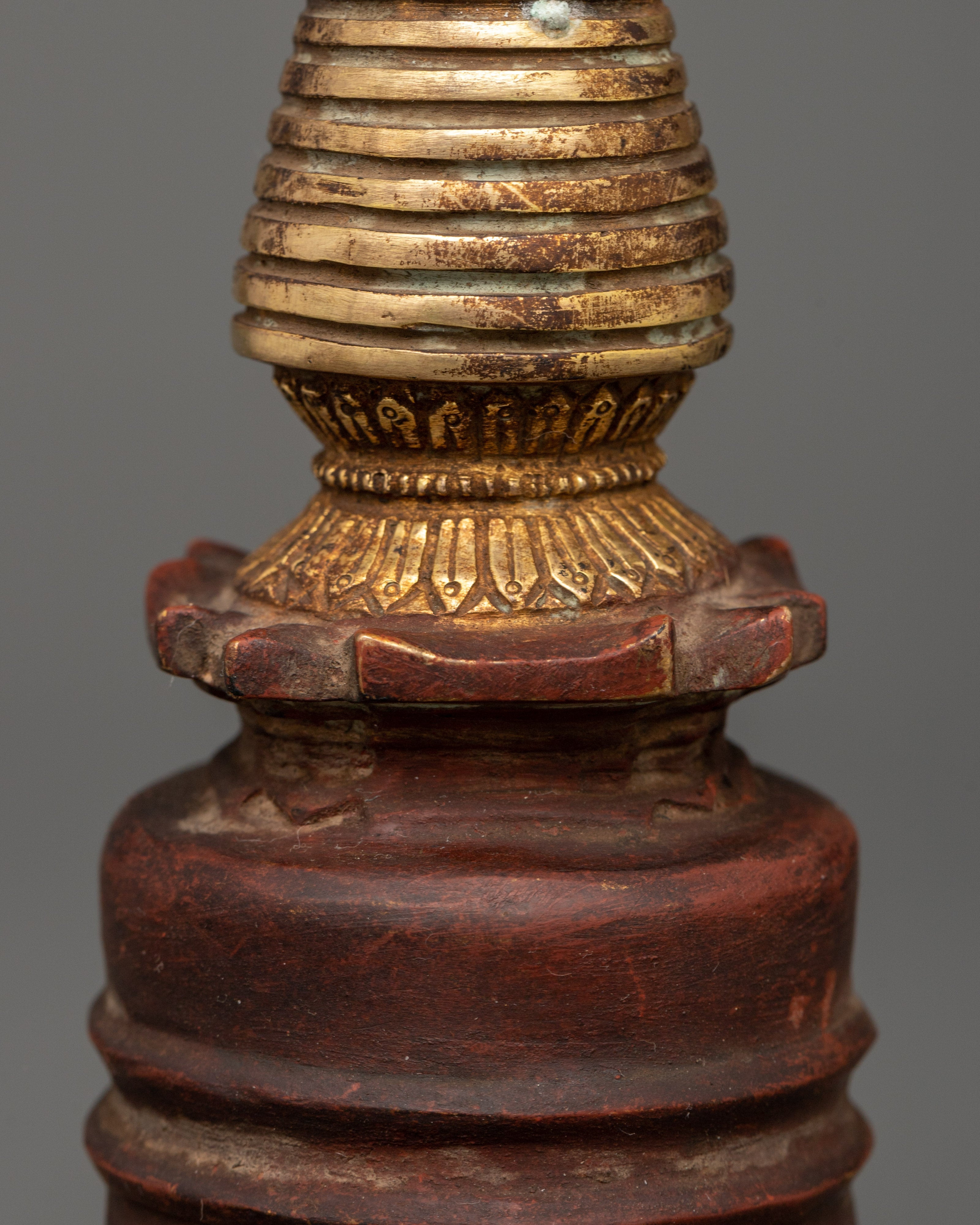 Oxidized Copper Stupa with Gold Plating | Antique Finish Buddhist Sacred Symbol