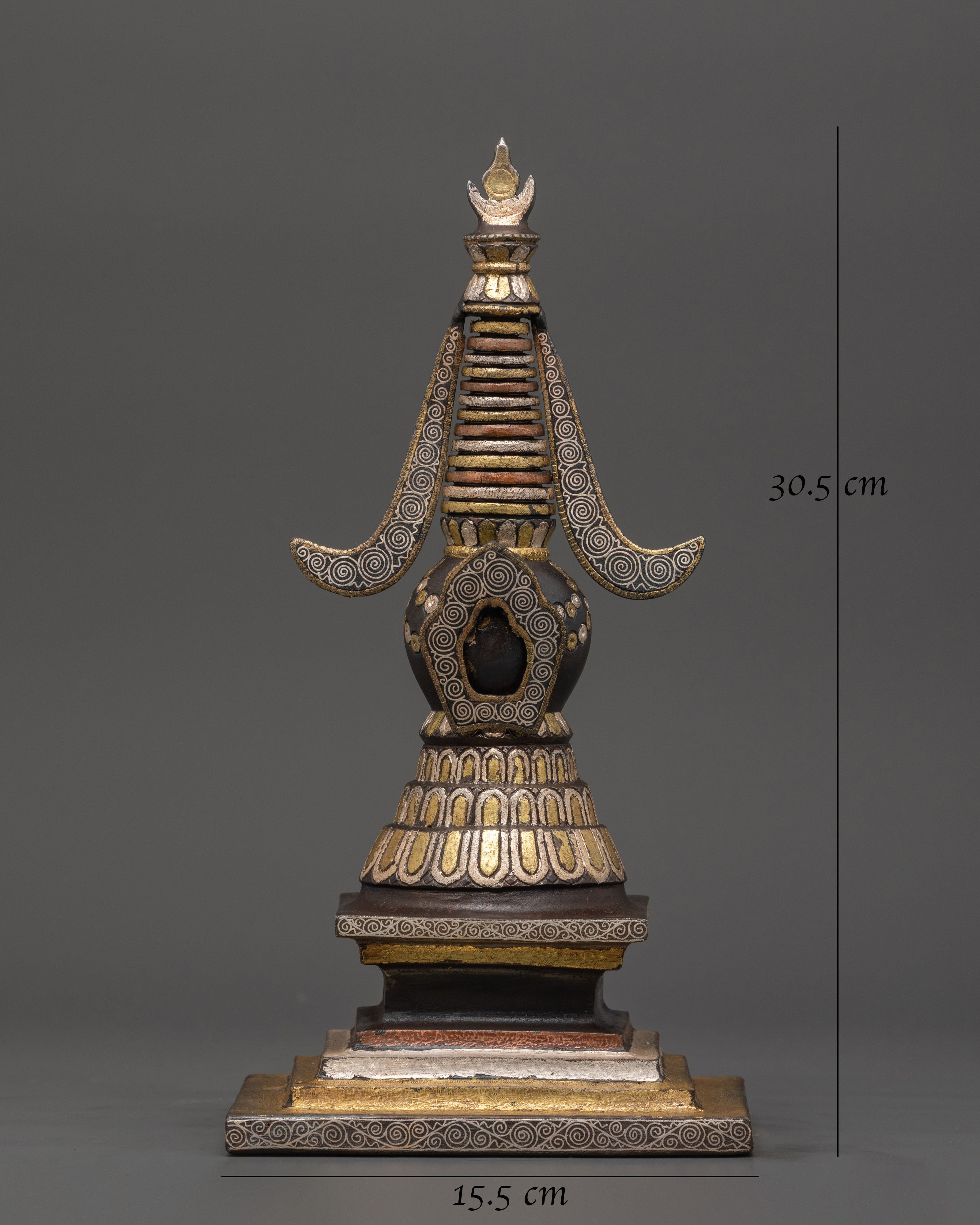 Handcrafted Iron Stupa with Silver Plating & Brass Inlay | For Altar Decor
