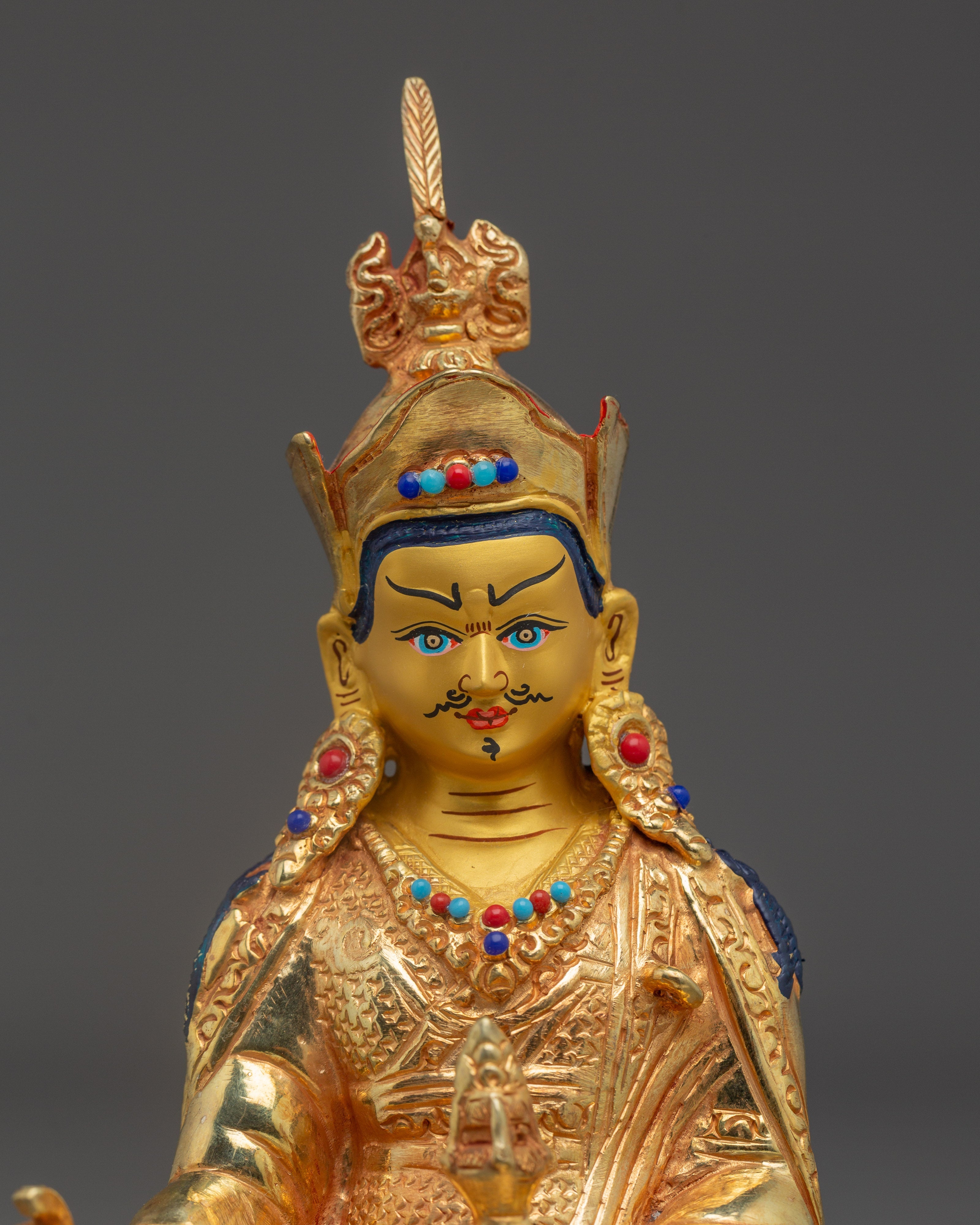 Sacred Padmasambhava Statue | Gold Plated Copper Buddha Sculpture with Coral & Turquoise