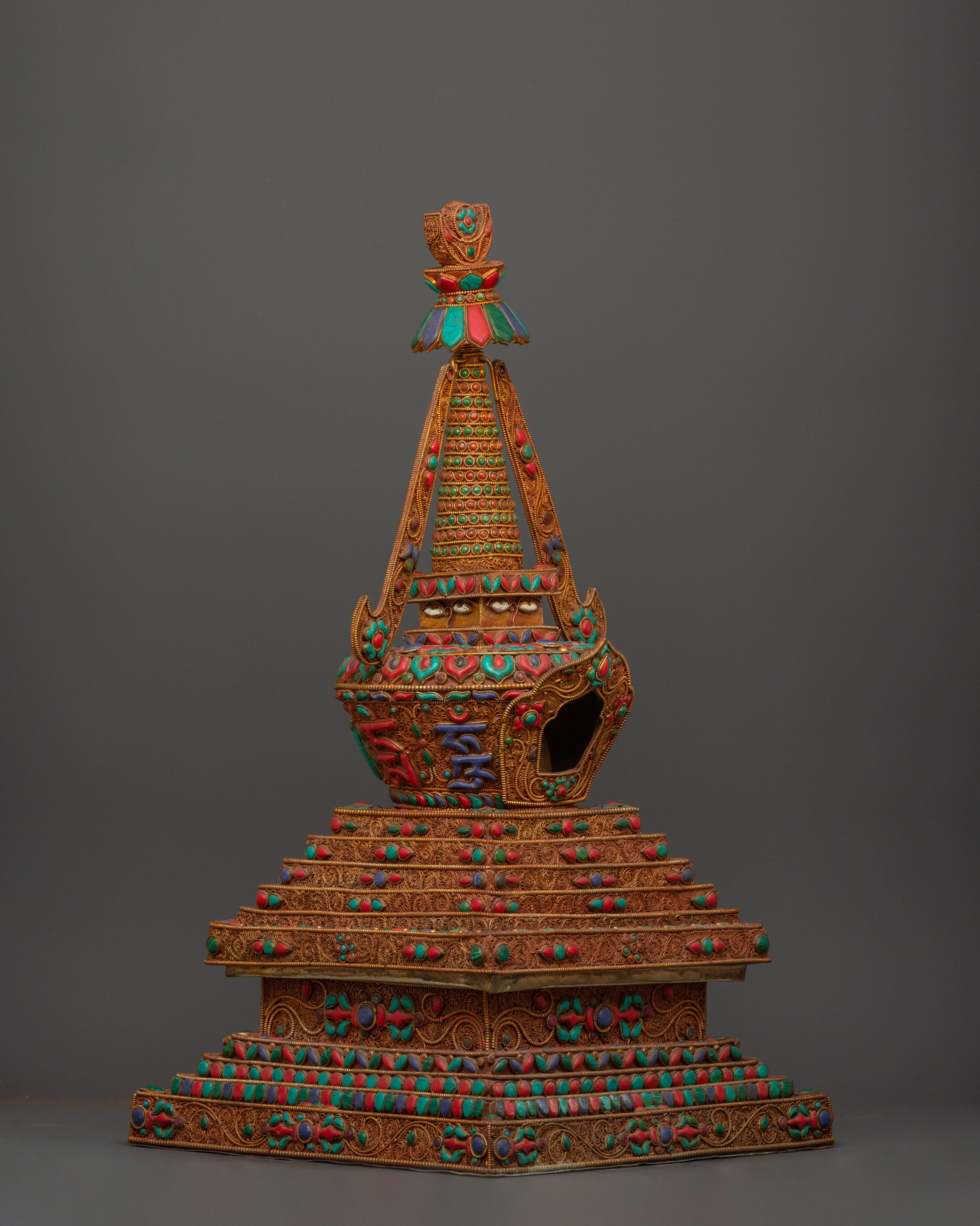 Copper Buddhist Chorten with Turquoise and  Coral | Spiritual Symbol of Peace