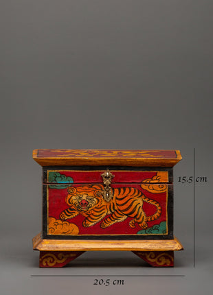 Hand-Painted Wooden Tiger Box | Tibetan Spiritual Storage Chest