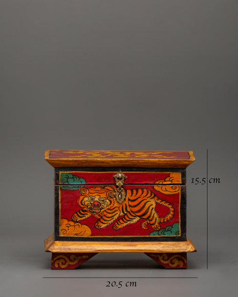 Hand-Painted Wooden Tiger Box | Tibetan Spiritual Storage Chest