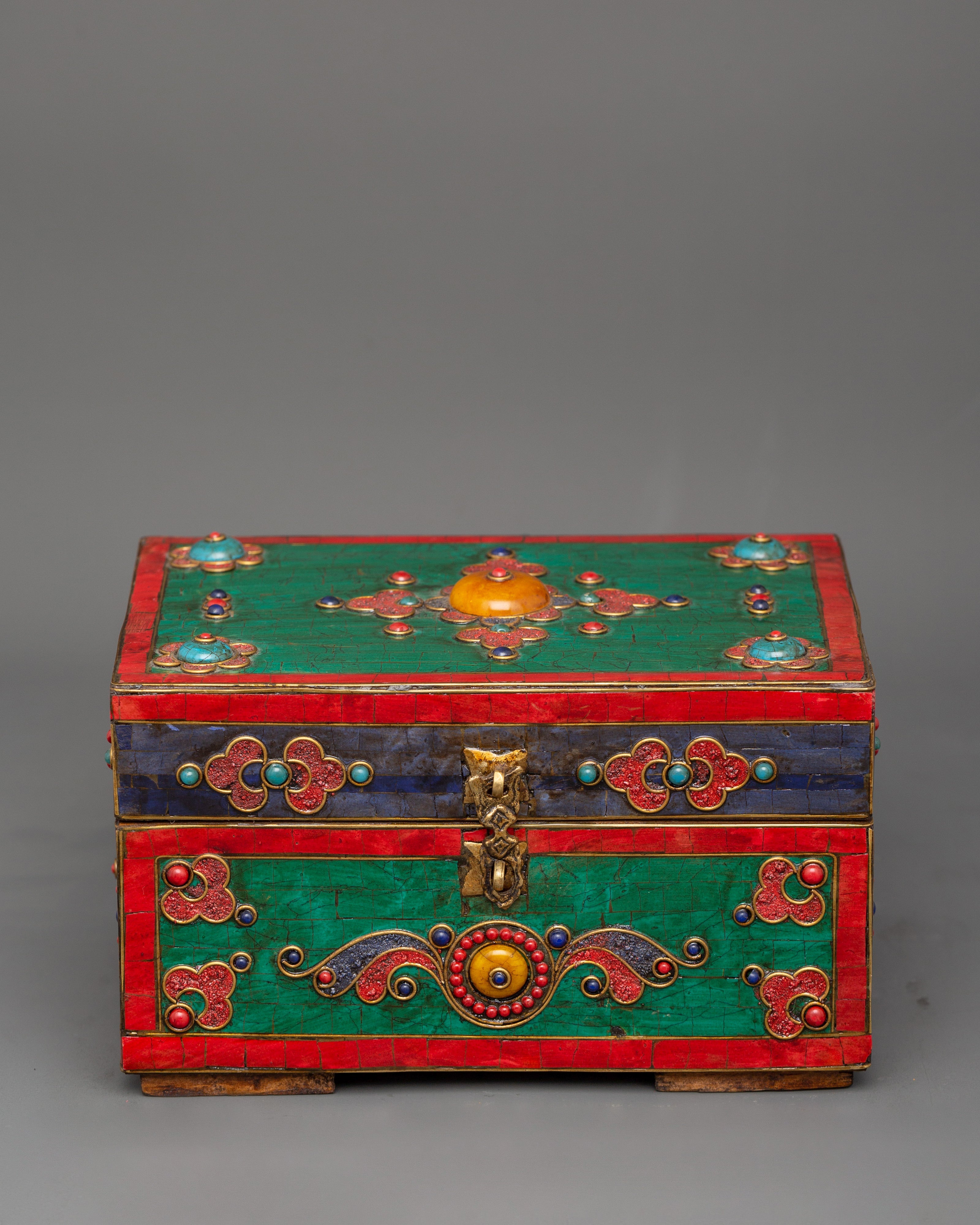 Hand-Painted Tibetan Wooden Box with Brass | Jewelry or Ritual Box