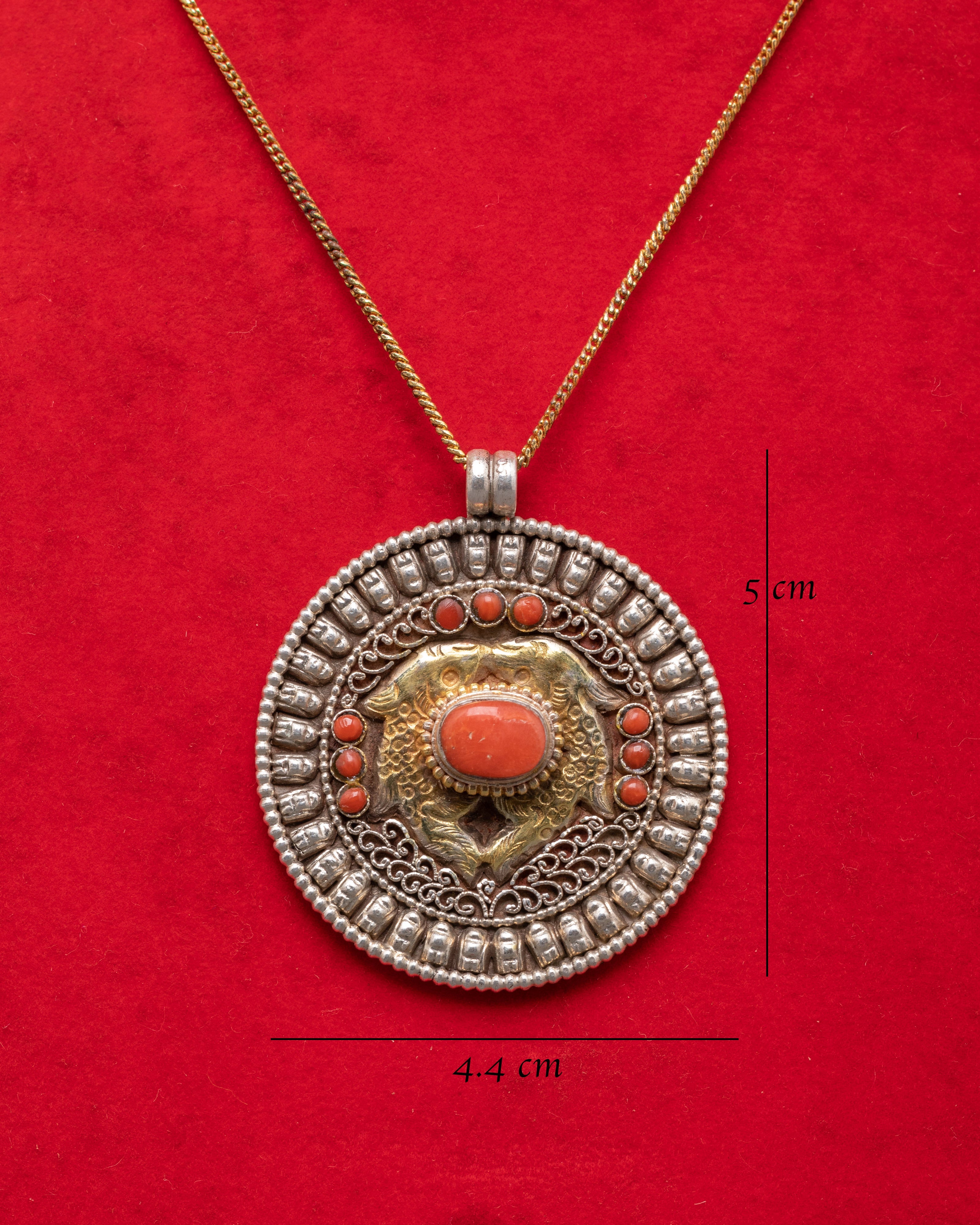 Sacred Twin Fish Buddhist Pendant | Tibetan Coral Amulet in Silver & Gold