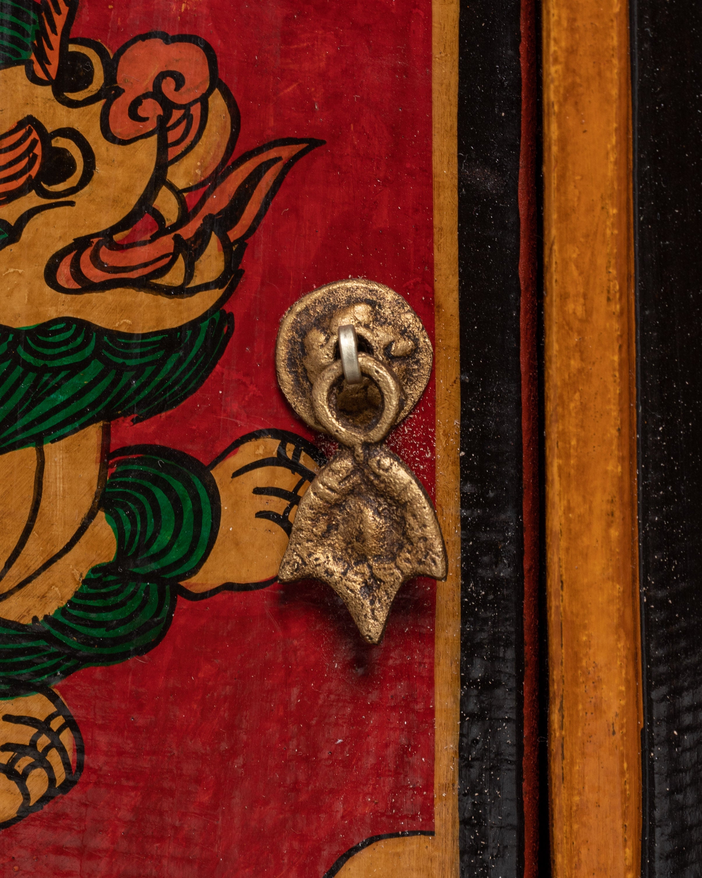 Hand-Carved Tibetan Wooden Cabinet with Door | Sacred Symbols and Artisan Detailing
