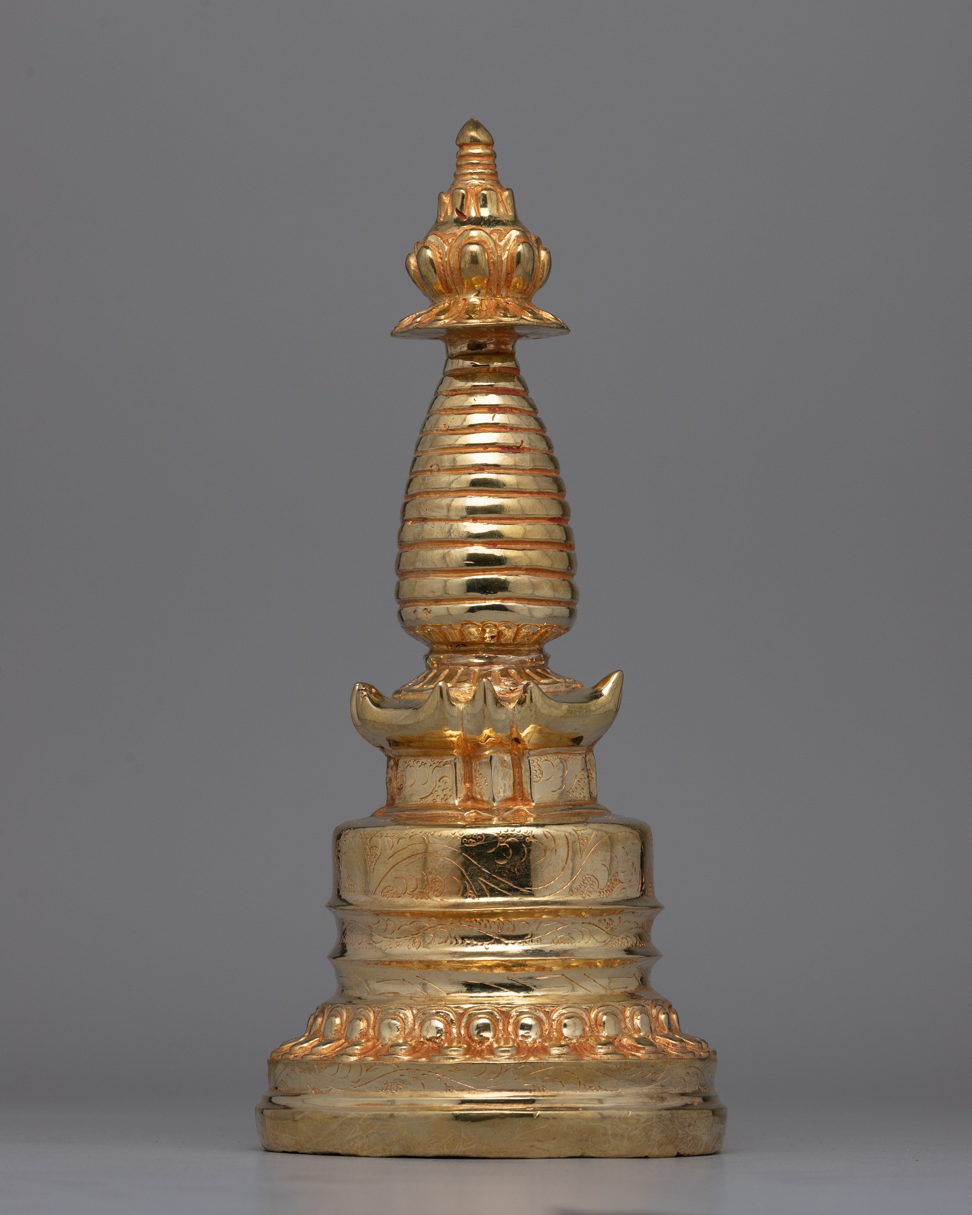Handmade Gold-Plated Tibetan Stupa | Sacred Artifact for Buddhist Altars and Home Decor