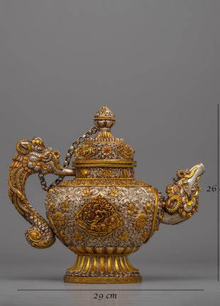 Handcrafted Tibetan Tea Pot with Gold & Silver Plating | Traditional Buddhist Decor