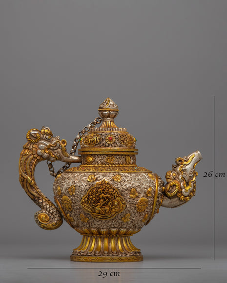 Handcrafted Tibetan Tea Pot with Gold & Silver Plating | Traditional Buddhist Decor