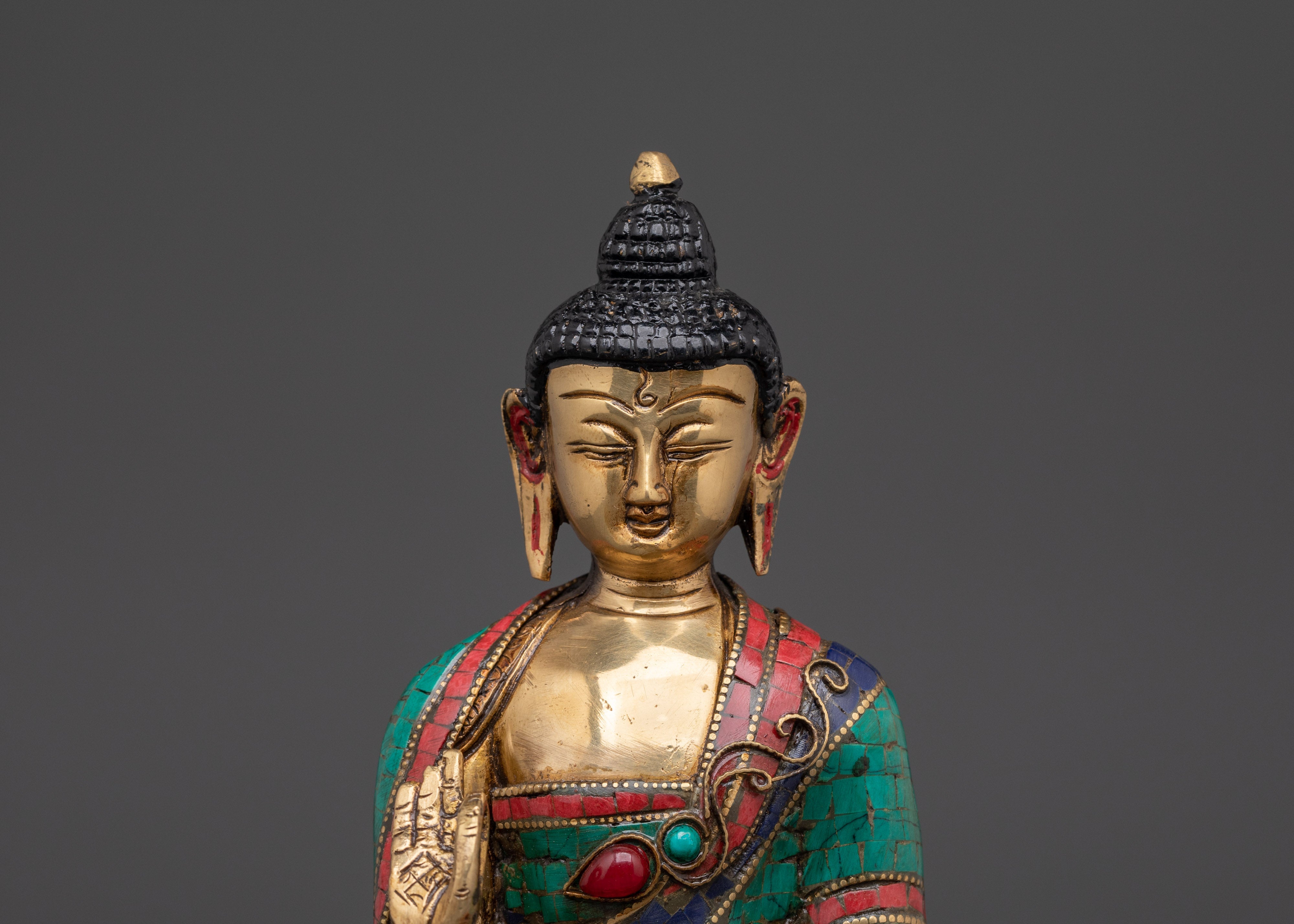 Handmade Amoghasiddhi Buddha Sculpture | Brass, Coral & Turquoise Inlay