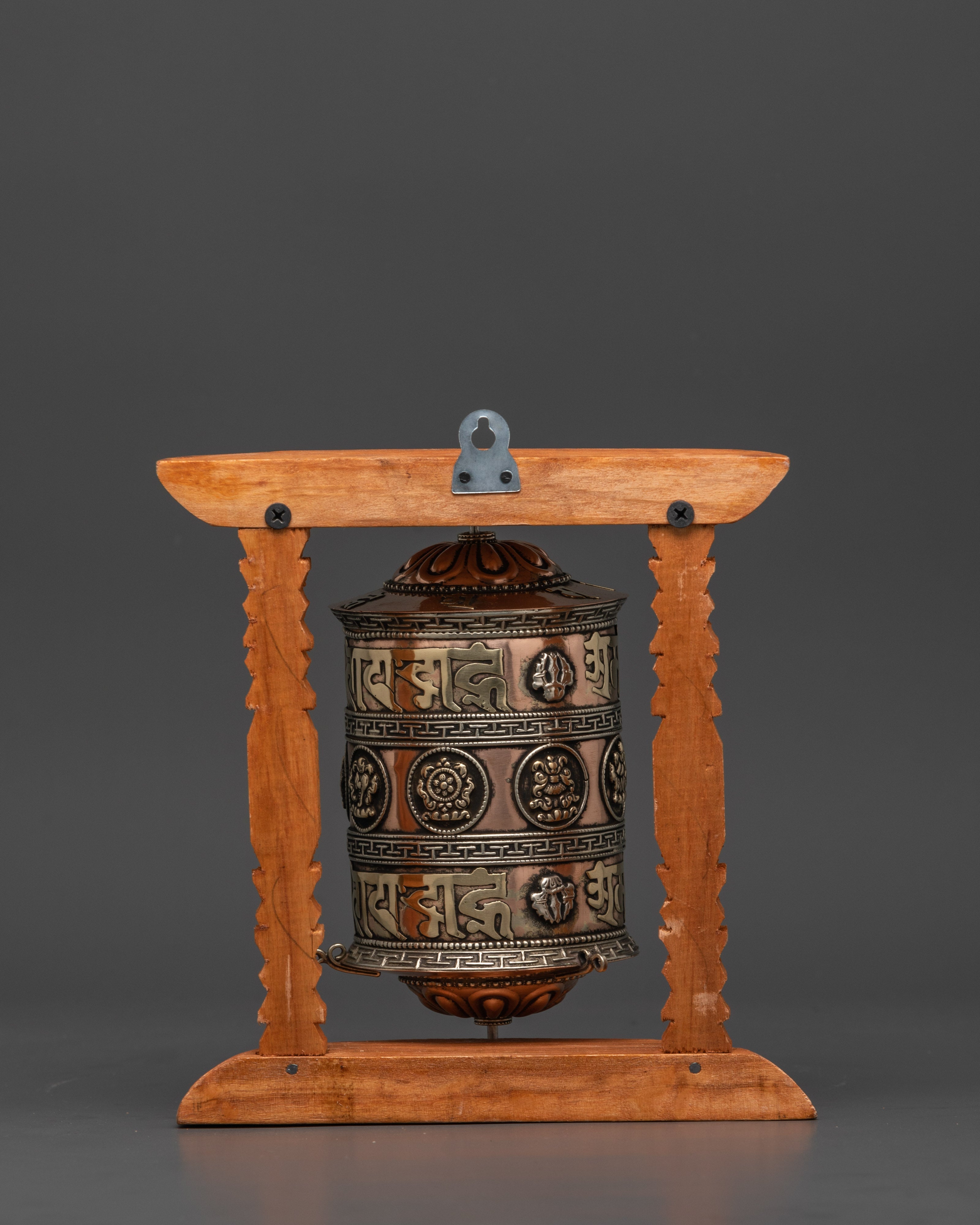 Large Copper & Brass Prayer Wheel | Sacred Wood Frame